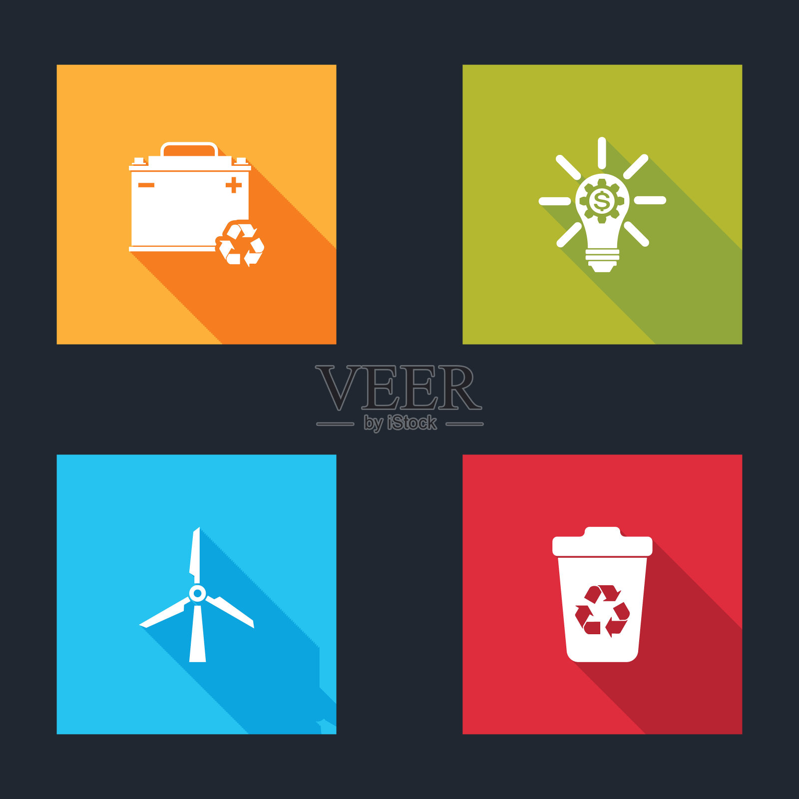 设置汽车电池与回收，灯泡齿轮，风力涡轮机和回收图标。向量图标素材