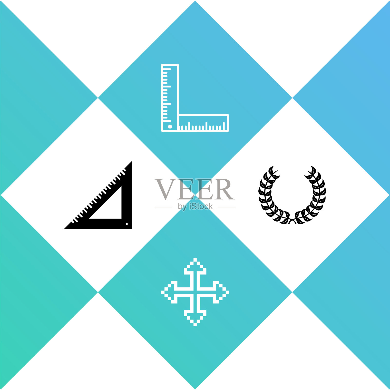 设置三角形尺，像素箭头在四个方向，折叠和月桂花环图标。向量图标素材