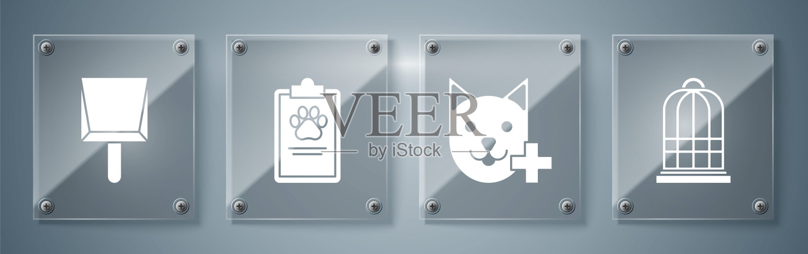 设置鸟笼，兽医诊所标志，带有医疗临床记录的宠物剪贴板和畚箕。方形玻璃面板。向量插画图片素材