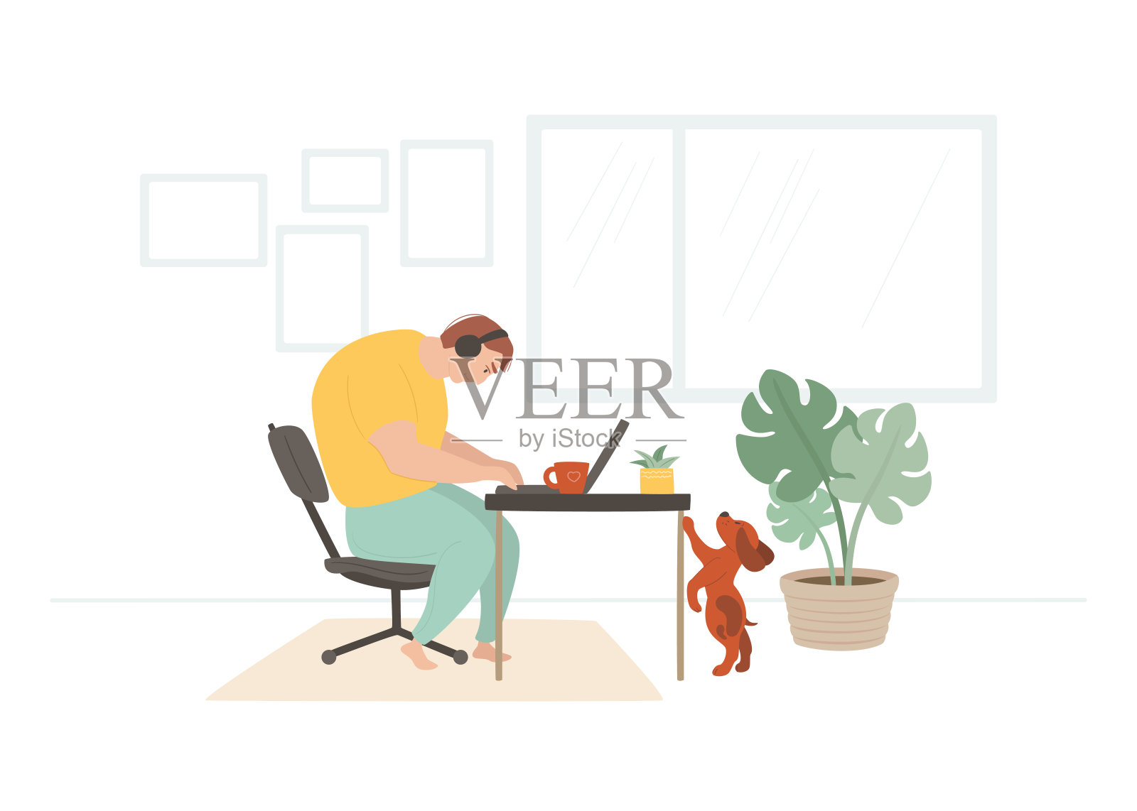 勇敢的年轻人在家里的餐桌旁工作。快乐的自由职业者听音乐。一只棕色的小狗向主人伸出手来。插画图片素材