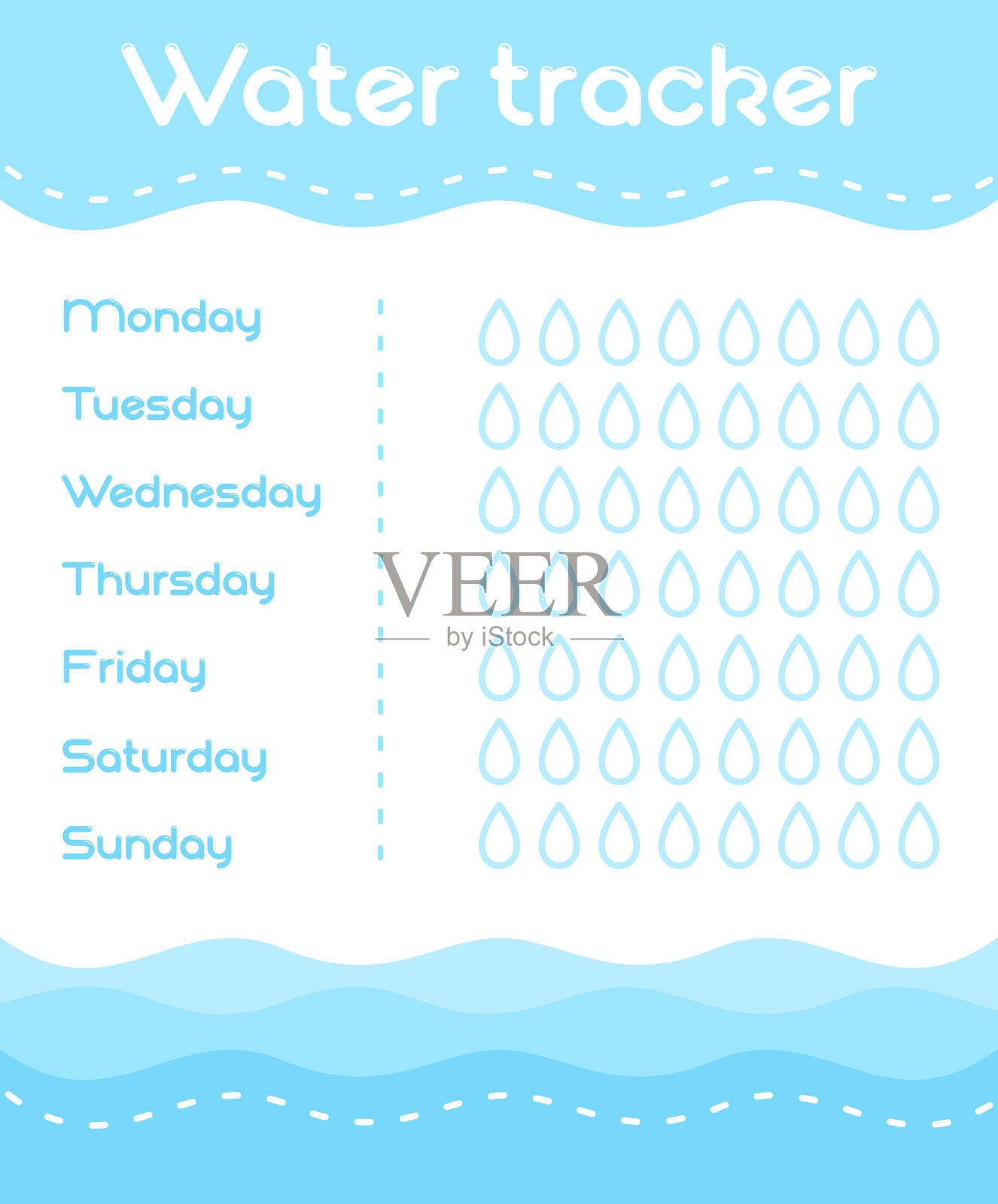 每日水跟踪器模板矢量插图在蓝色。健身健康生活水日历扁平化风格。插画图片素材