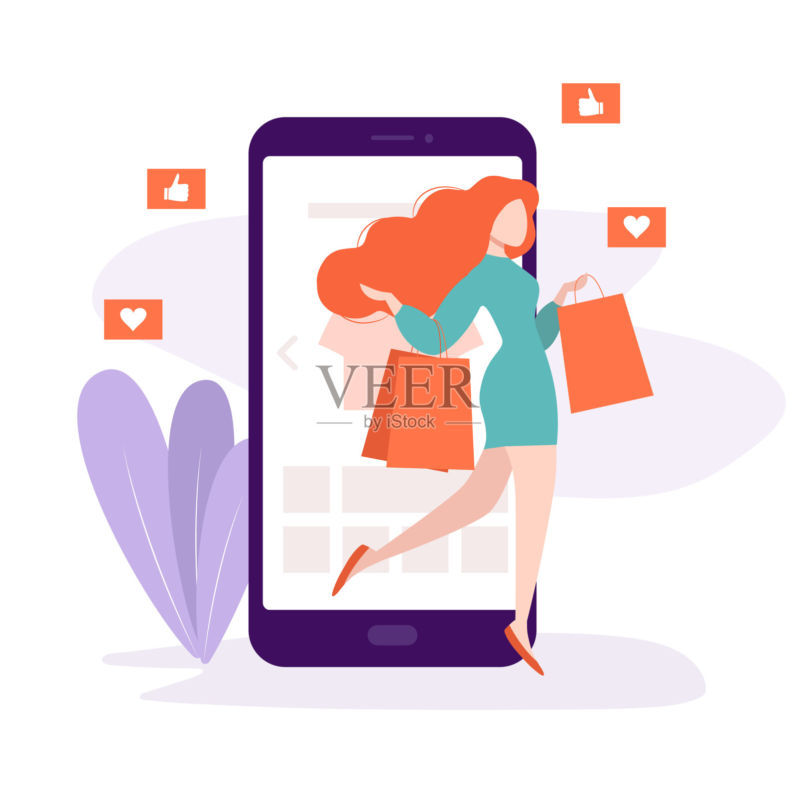 在线购物。小女孩带着购物袋离开了商店。红发女性通过手机应用购买、订购衣服插画图片素材