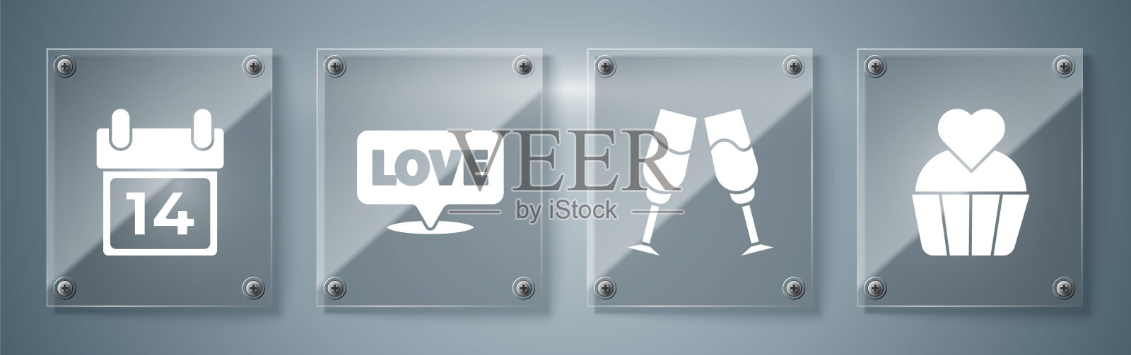 婚礼蛋糕有爱心，香槟有香槟，演讲泡泡有文字的爱，日历有二月十四日。方形玻璃面板。向量插画图片素材