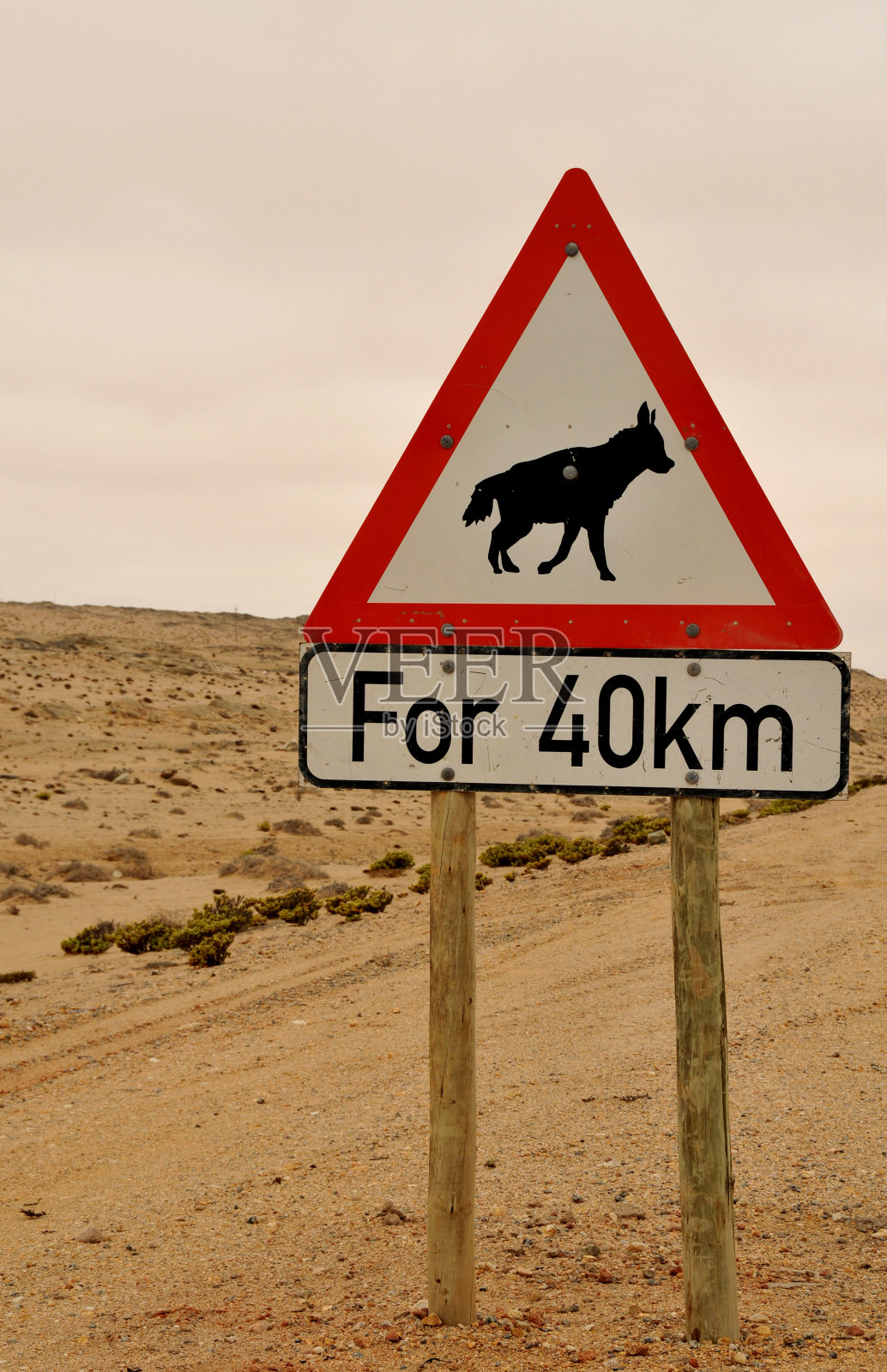 这是一个警示路标，提醒人们注意极度濒危的棕色鬣狗照片摄影图片