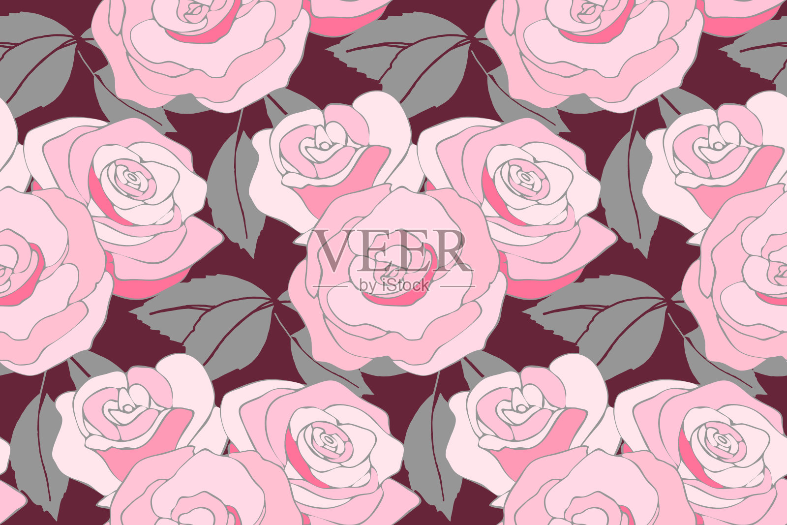 艺术花卉矢量无缝模式与玫瑰。粉红色和白色的玫瑰束。插画图片素材