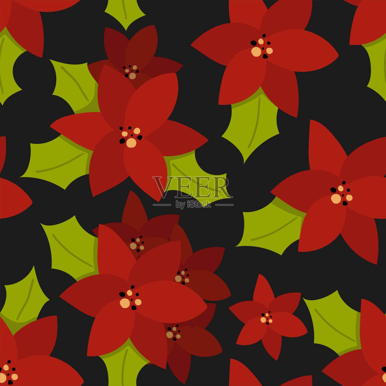 一品红无缝模式。冬季花与树叶为您的圣诞假期设计涂鸦卡通设计纺织品，包装纸，壁纸矢量纹理包装插画图片素材