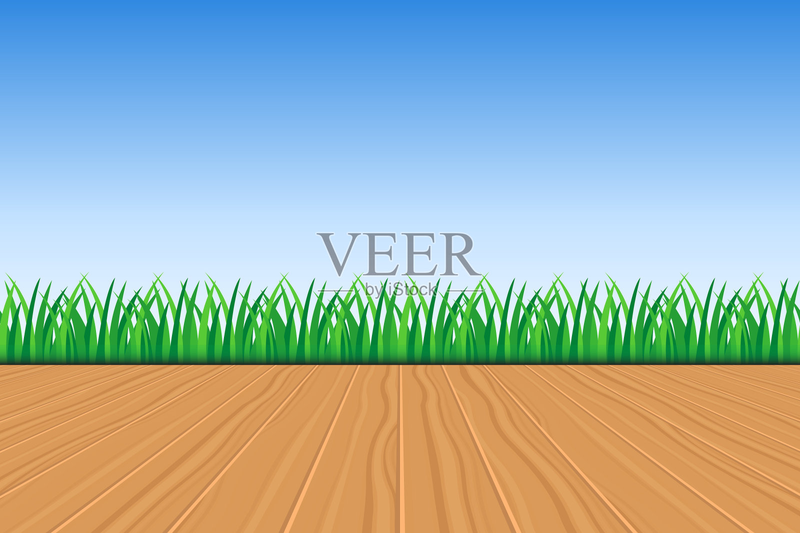 背景绿草木制甲板和蓝色插画图片素材