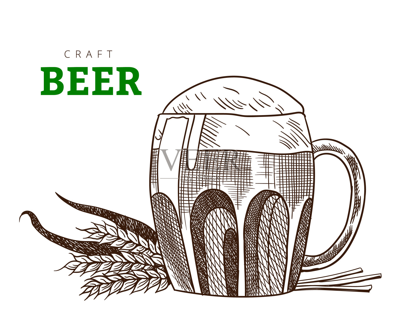 有麦穗的啤酒杯或马克杯。手工啤酒派对，复古矢量雕刻插图。手绘横幅设计插画图片素材