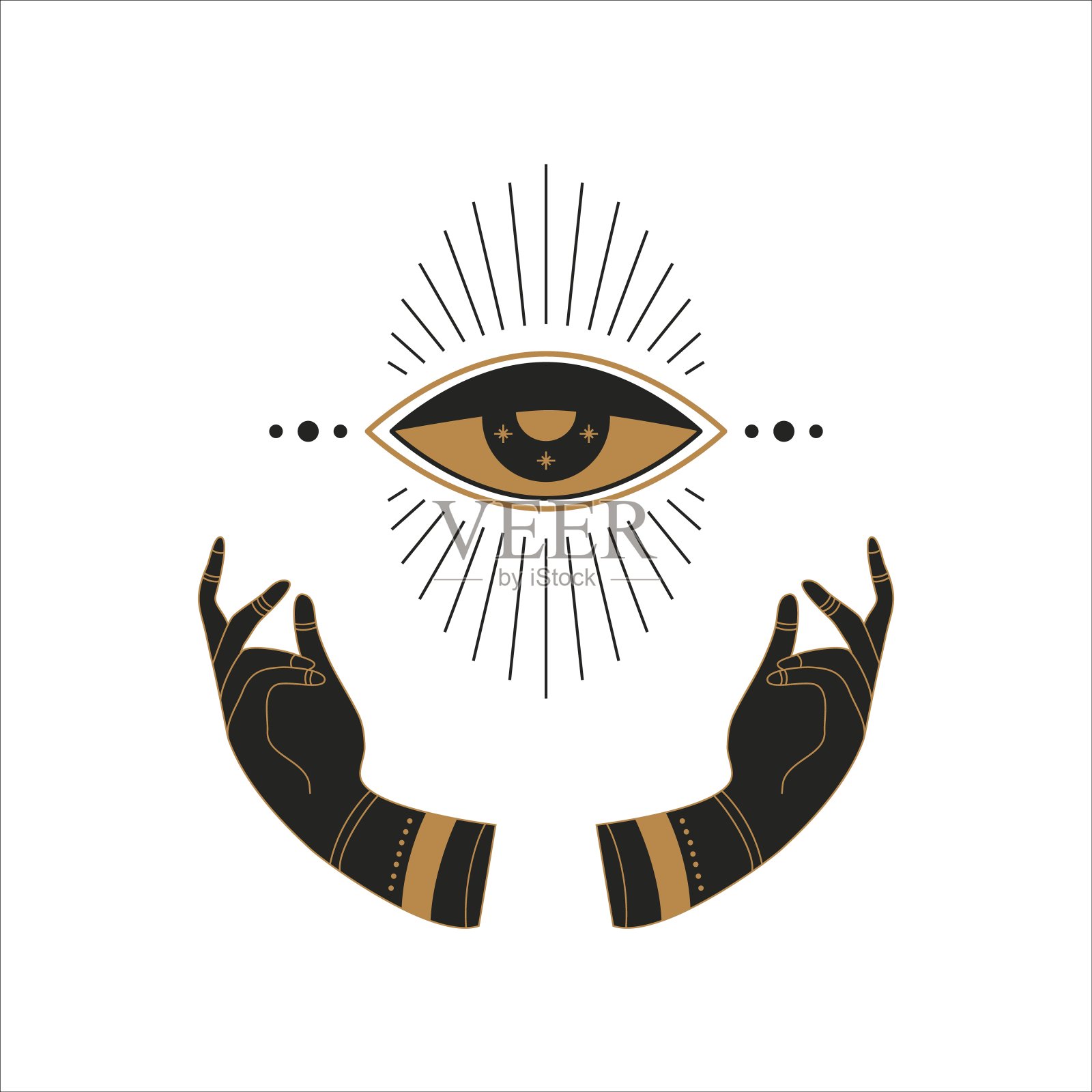 波希米亚涂鸦的神秘模板。手绘神秘的魔法手与月亮眼，简单的女性标志设计。矢量图插画图片素材