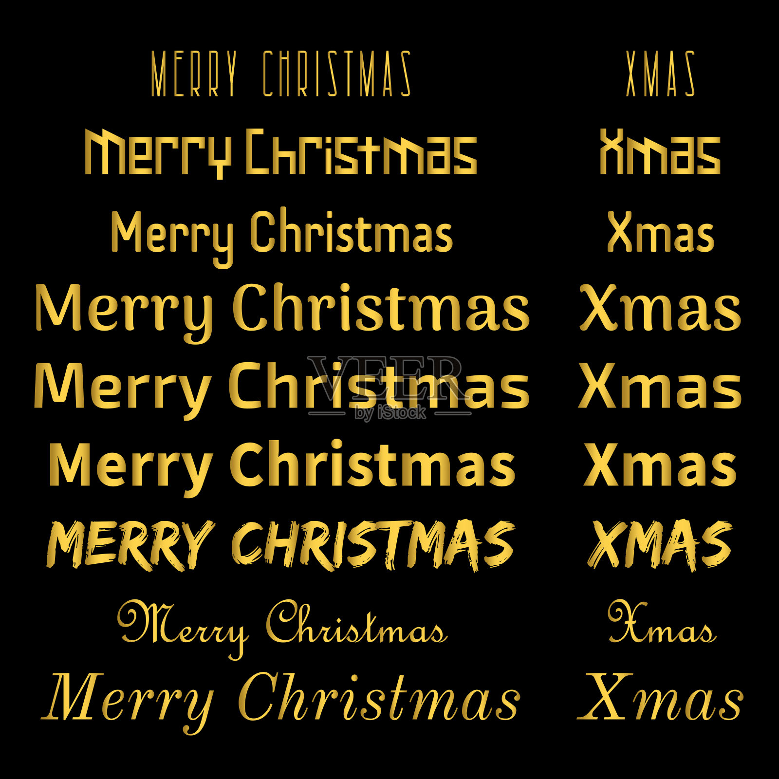 矢量一套字母圣诞快乐。海报上的印刷文字贺卡。黑色背景上的金色文字。设计元素图片