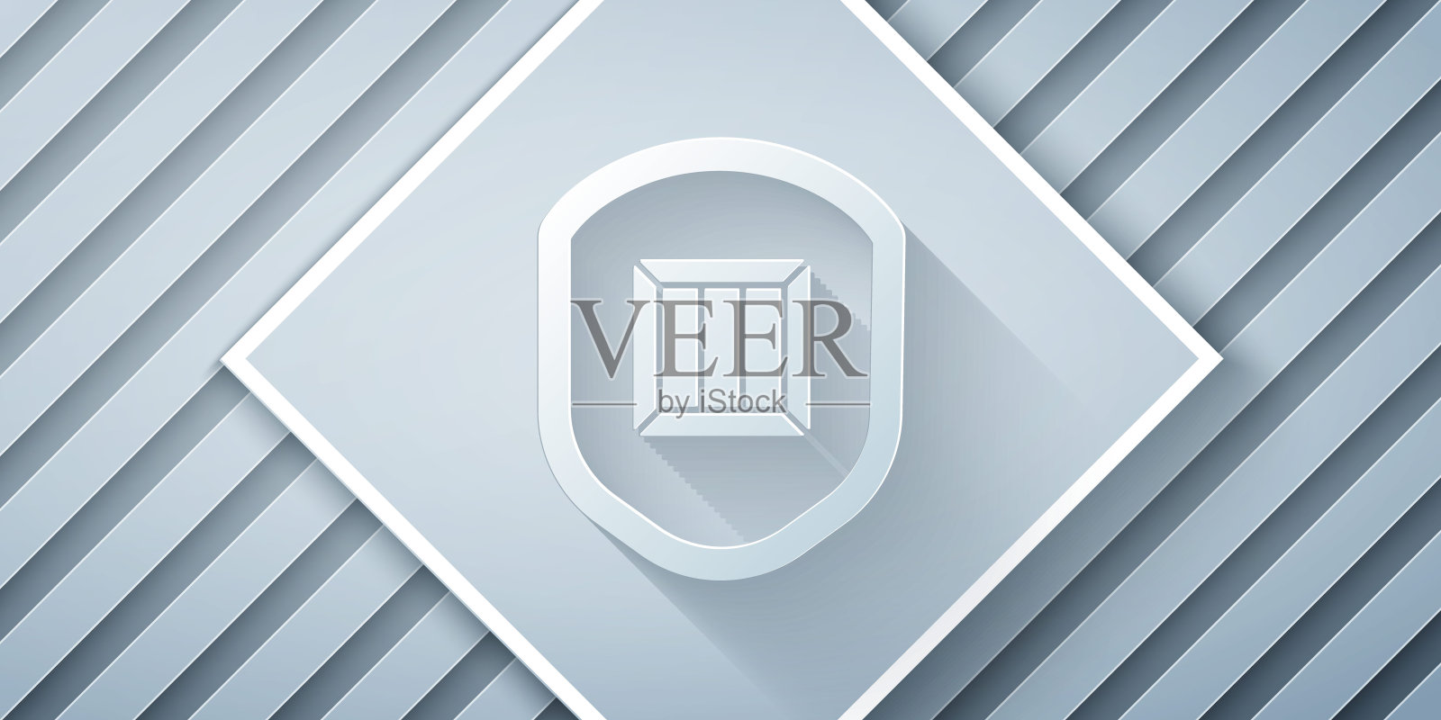 剪纸交付安全与盾牌图标隔离在灰色背景。交付保险。保险的纸箱在盾牌外面。纸艺术风格。矢量图设计元素图片