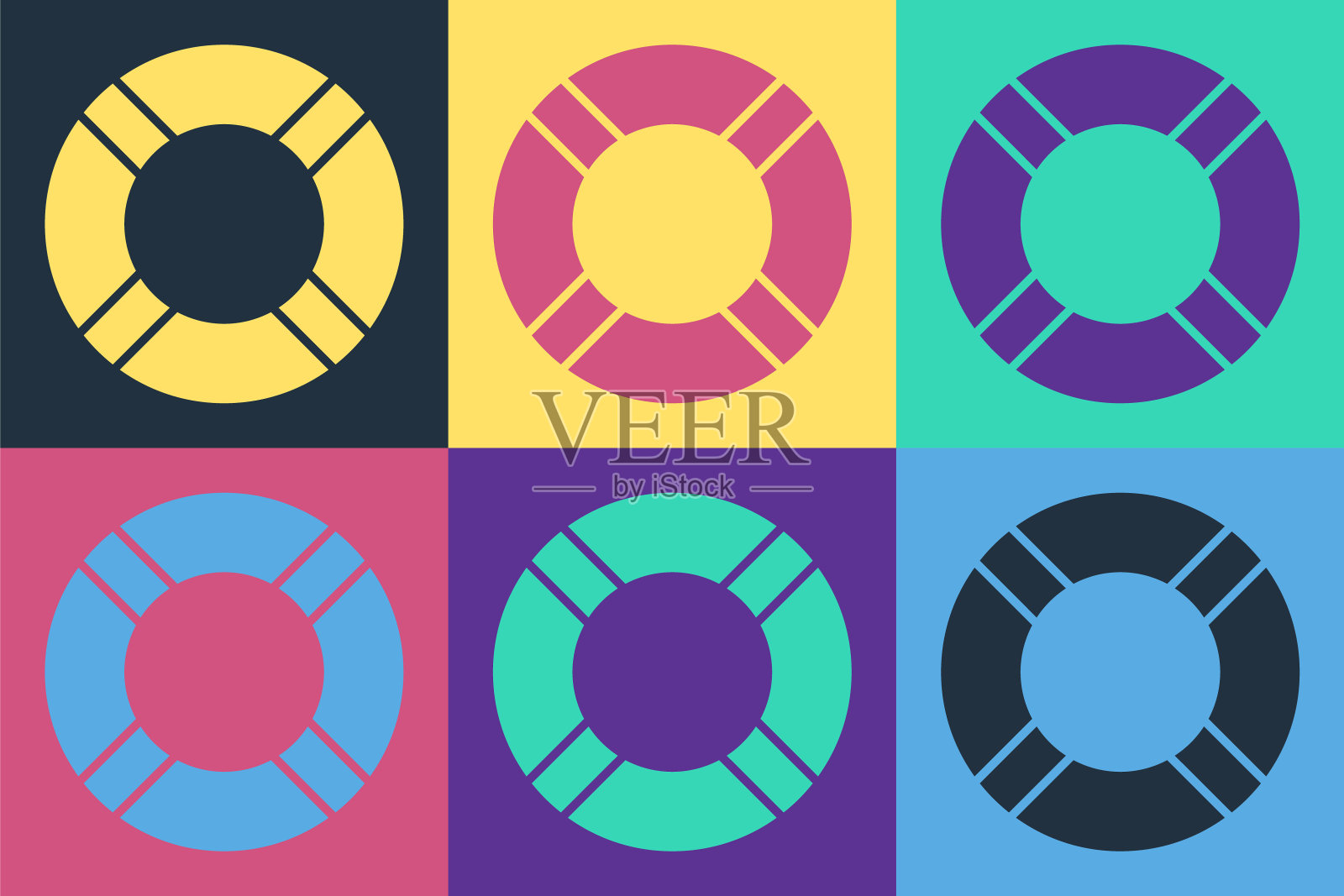 波普艺术救生圈图标孤立的颜色背景。救生筏用于海滩，救生带用于救人。矢量图图标素材