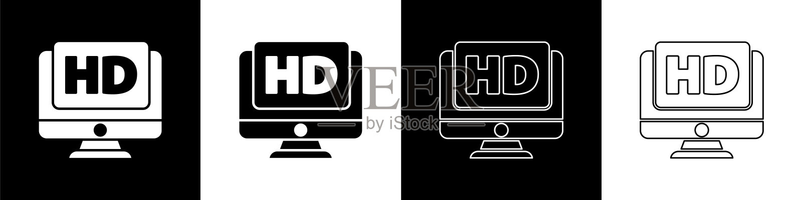 设置电脑PC显示器显示与高清视频技术图标隔离在黑白背景。矢量图插画图片素材