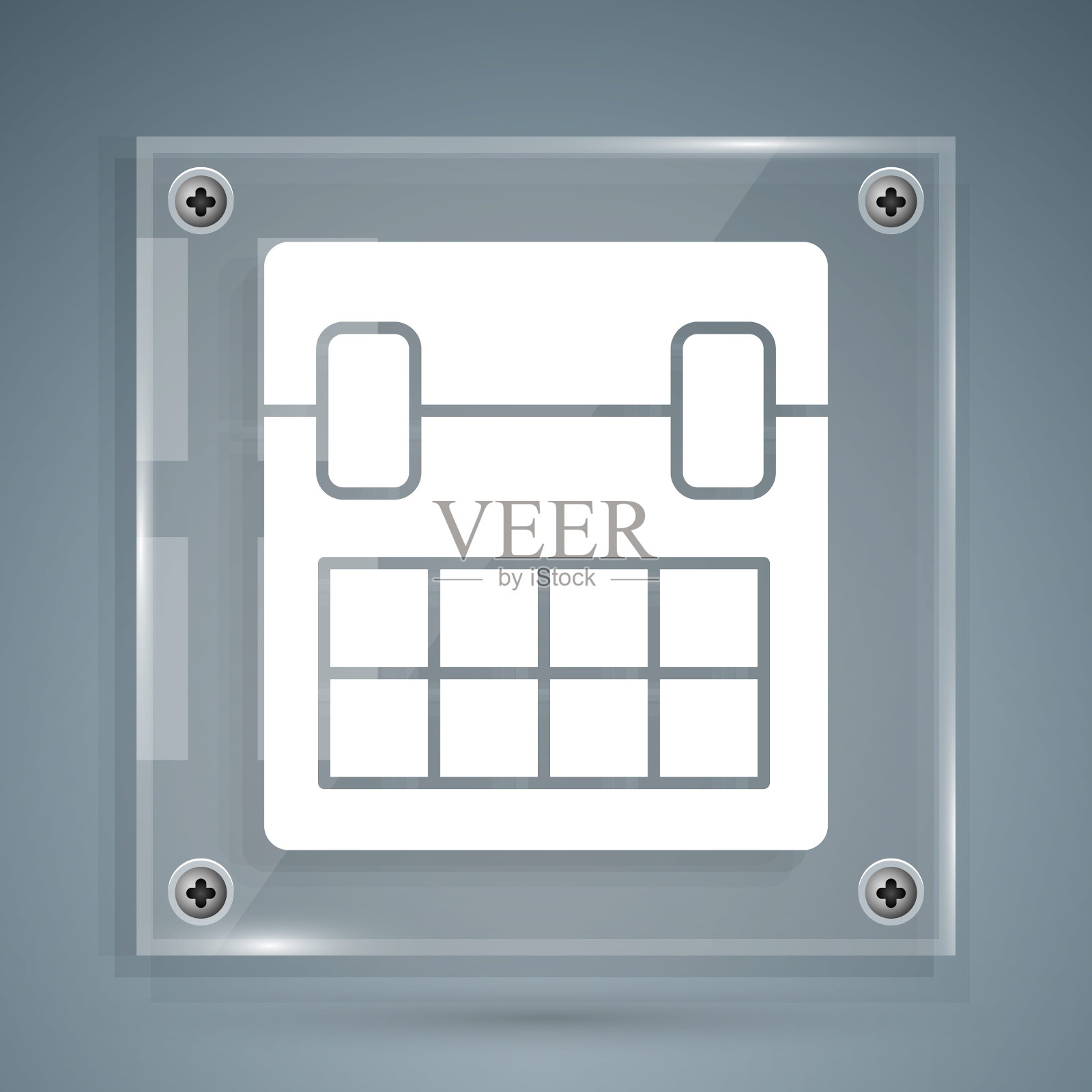 白色日历图标孤立在灰色背景。事件提醒标志。方形玻璃面板。矢量图图标素材