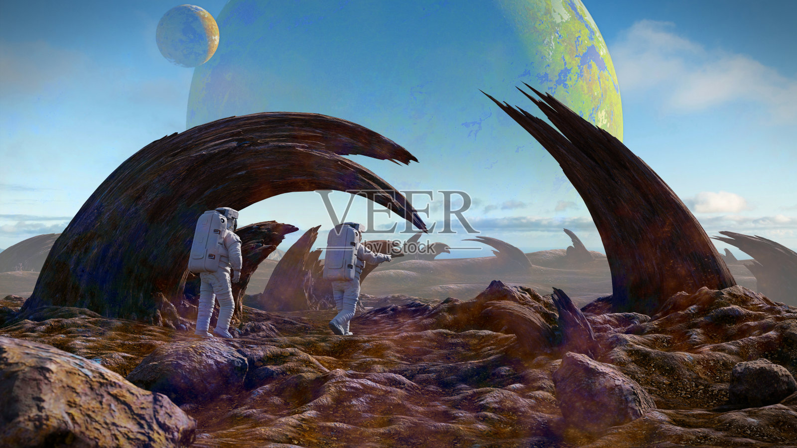 宇航员探索外行星景观，外行星表面奇怪的岩层照片摄影图片