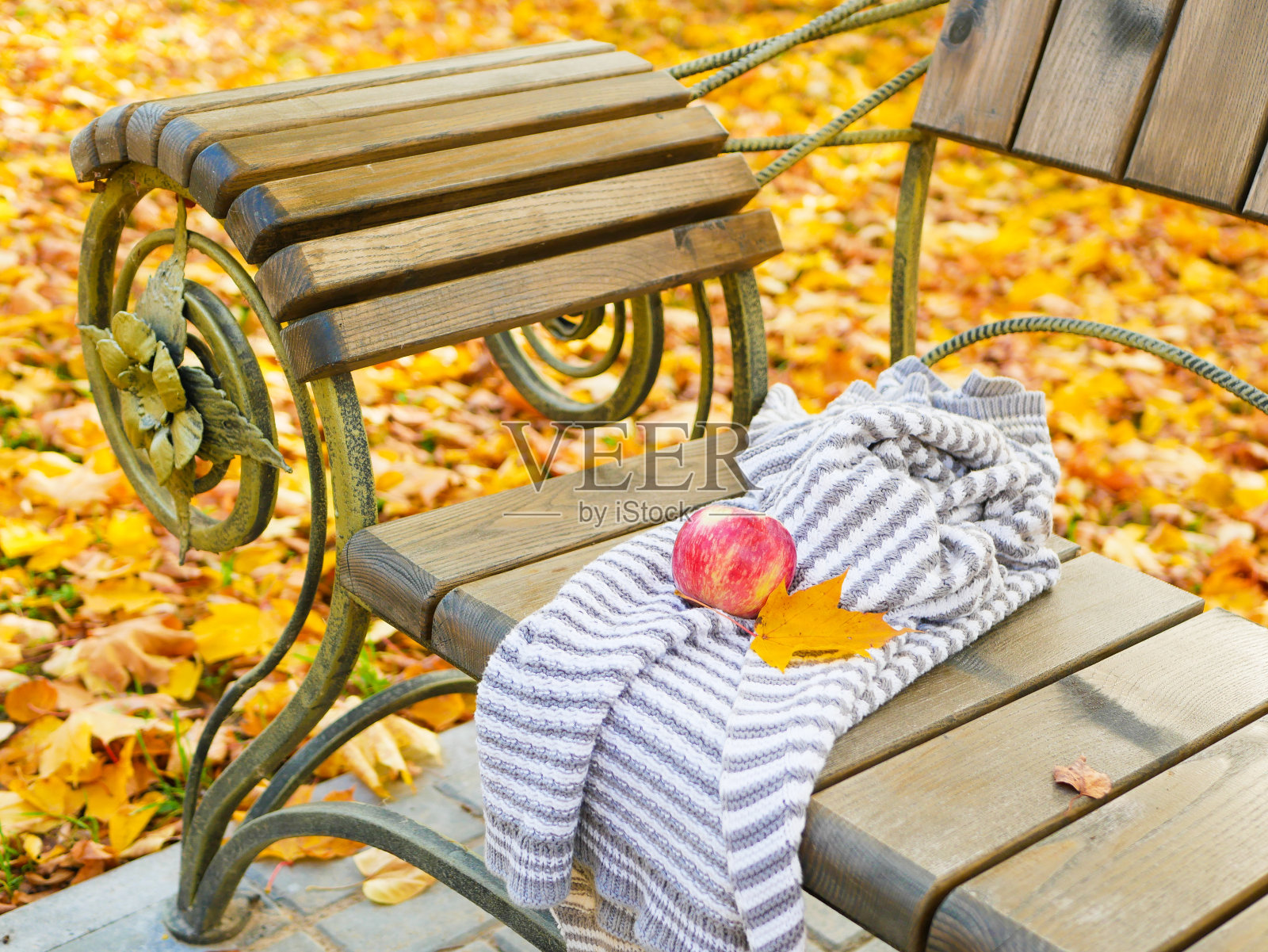 秋天公园的长椅上放着苹果照片摄影图片