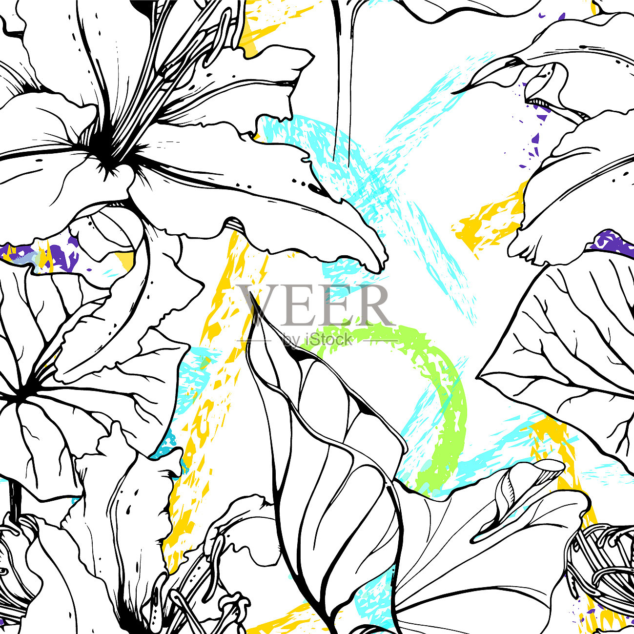 几何印花热带丛林叶刷插画图片素材