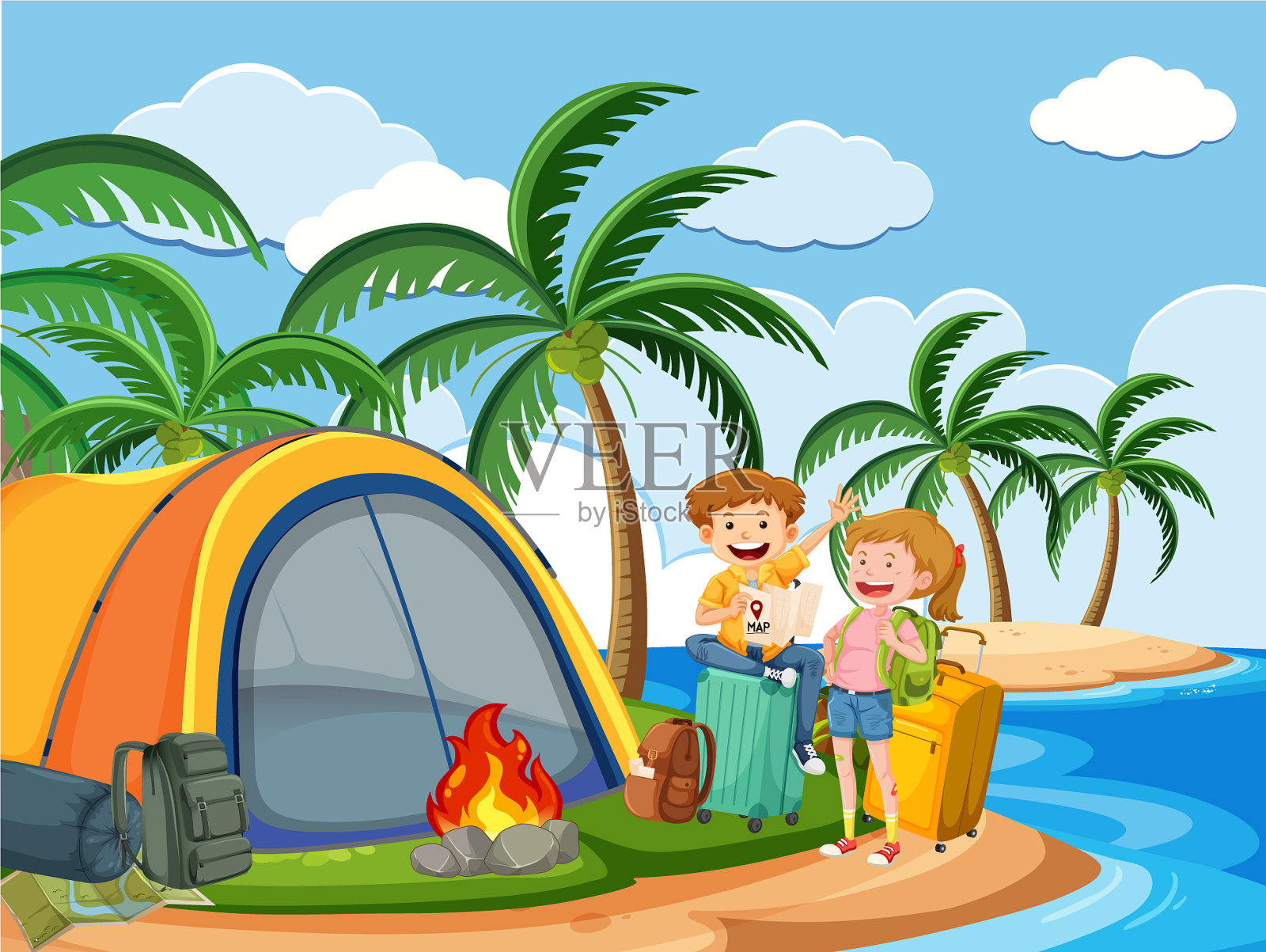 人们在海滩上露营的场景插画图片素材