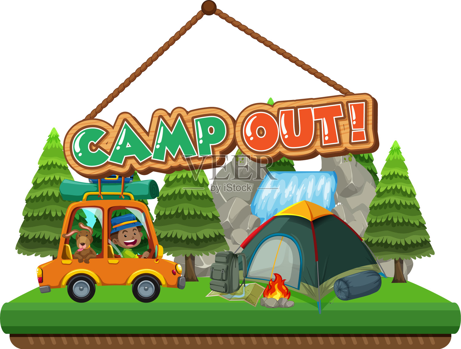 字体设计露营与帐篷在公园插画图片素材