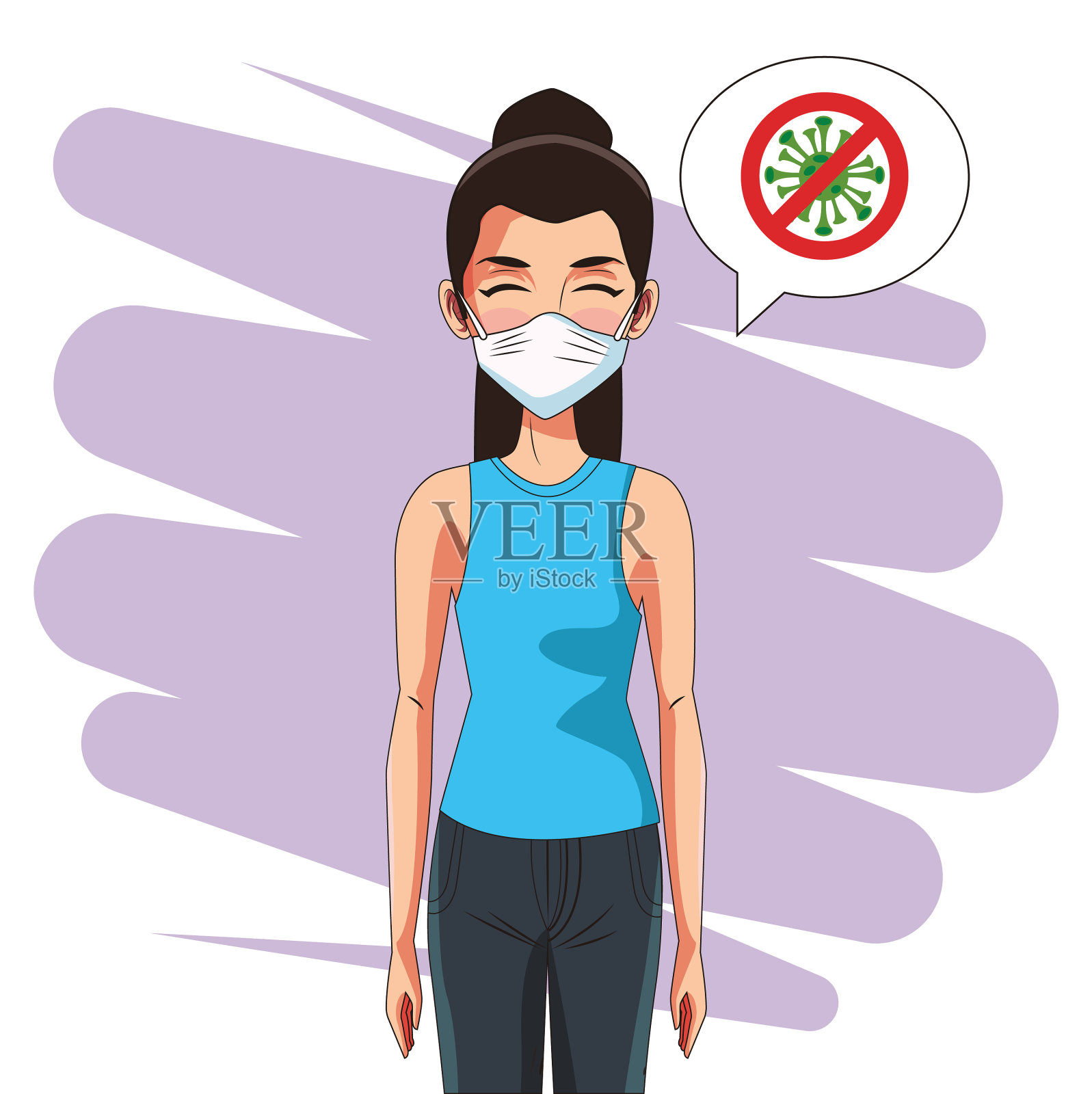 妇女使用口罩，并阻止2019冠状病毒病信号插画图片素材