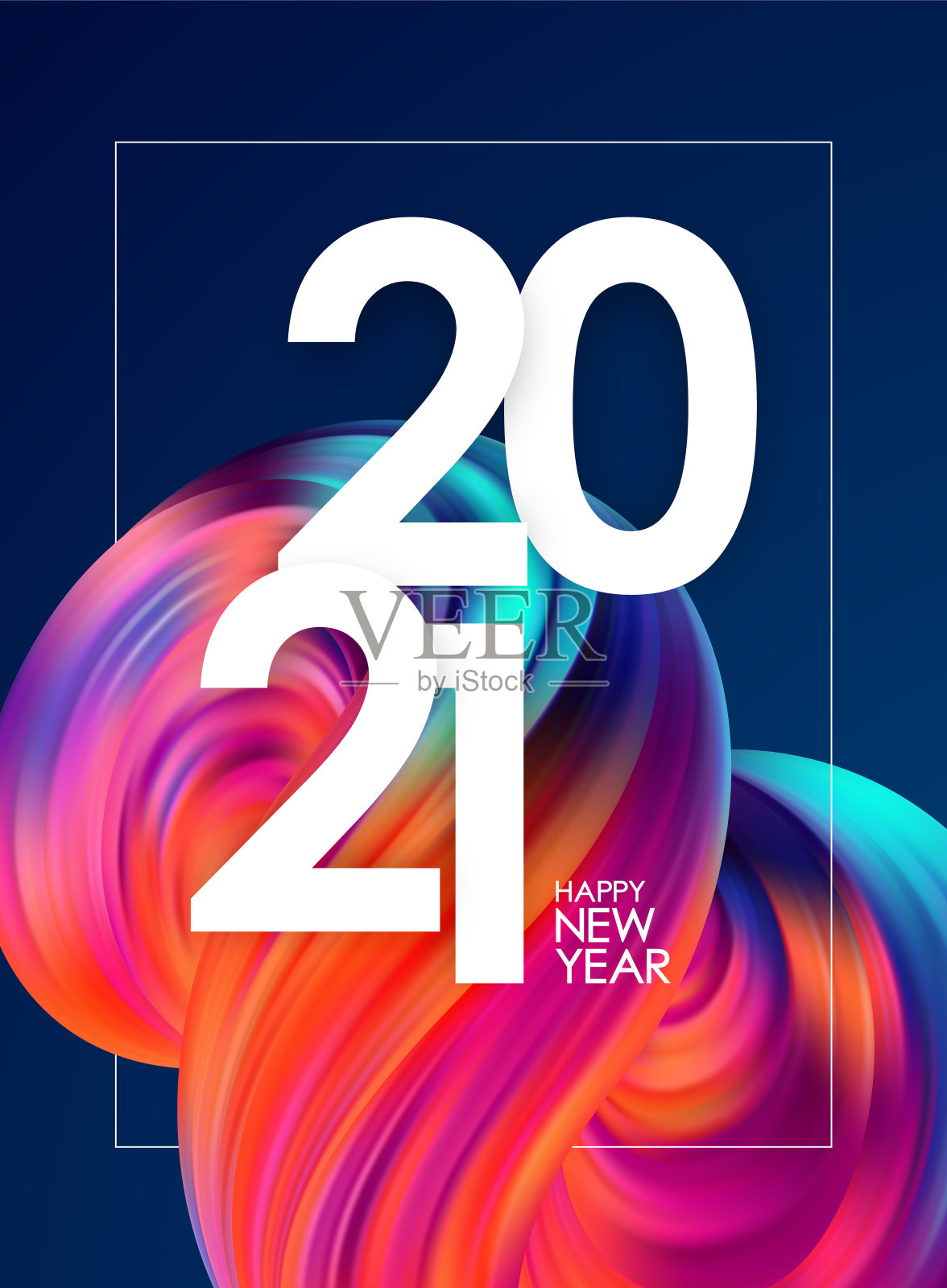 2021年新年快乐。问候海报与彩色抽象流体形状。时尚的设计插画图片素材
