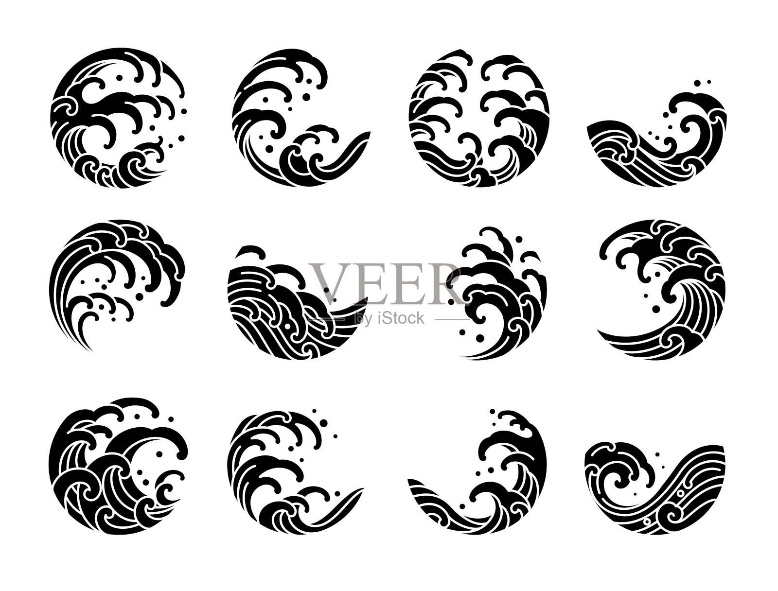 集水波纹身东方风格矢量。插画图片素材