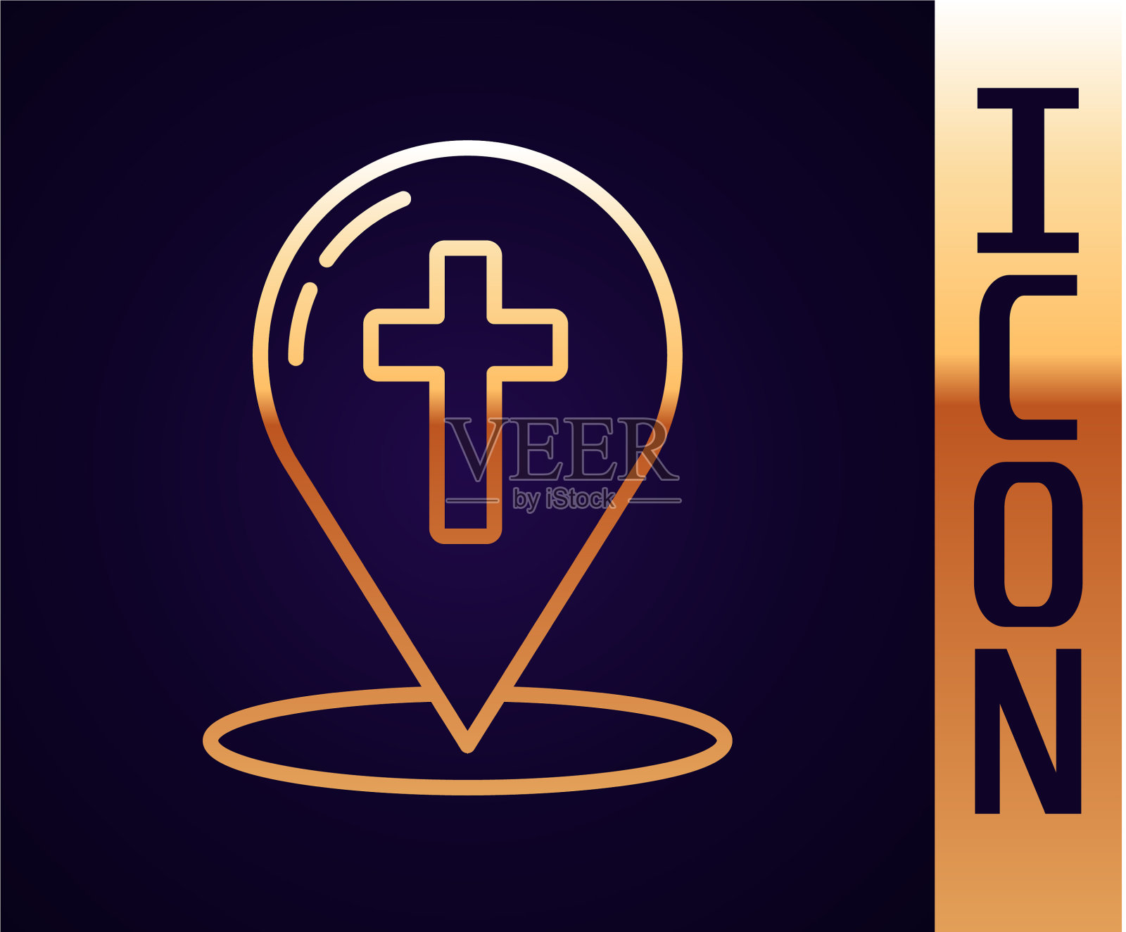 黄金线地图指针与基督教十字架图标插画图片素材