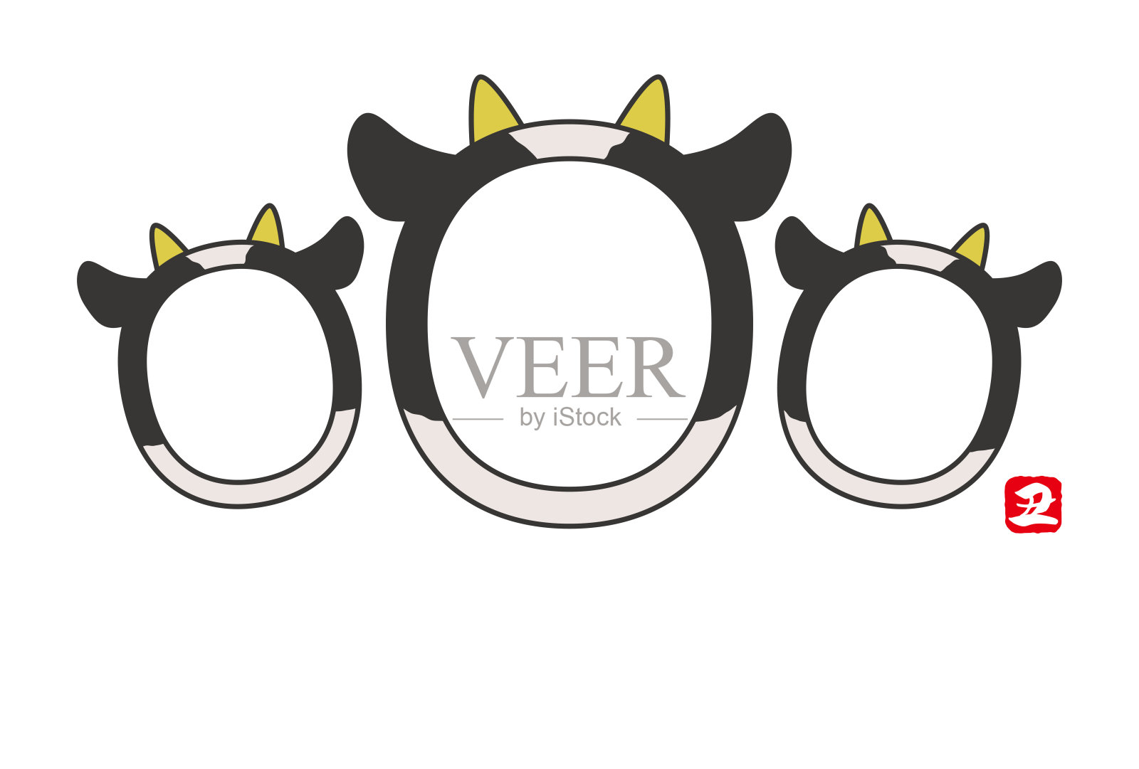 贺年卡(牛年)模板。三牛脸相框。插画图片素材