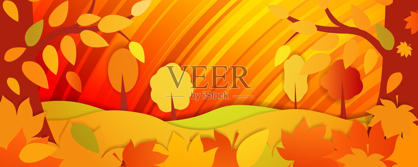 水平明亮的秋天背景。秋天的森林里有落叶。插画图片素材