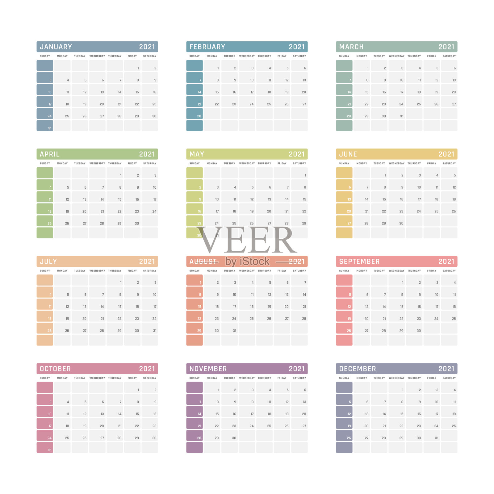 2021年日历周日开始，矢量日历设计2021年设计模板素材