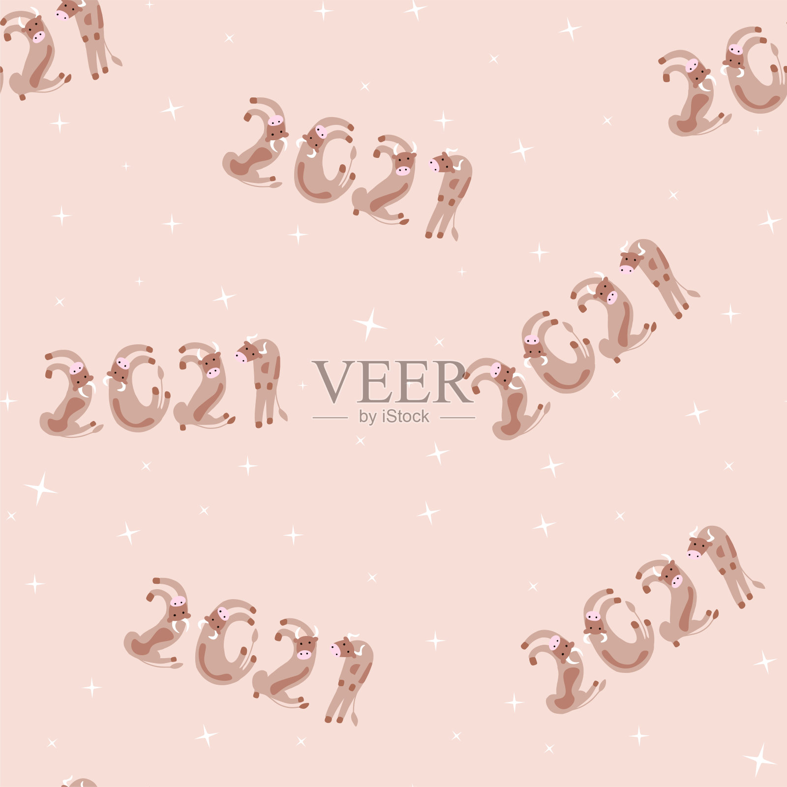 新年数字2021矢量无缝动物模式。插画图片素材