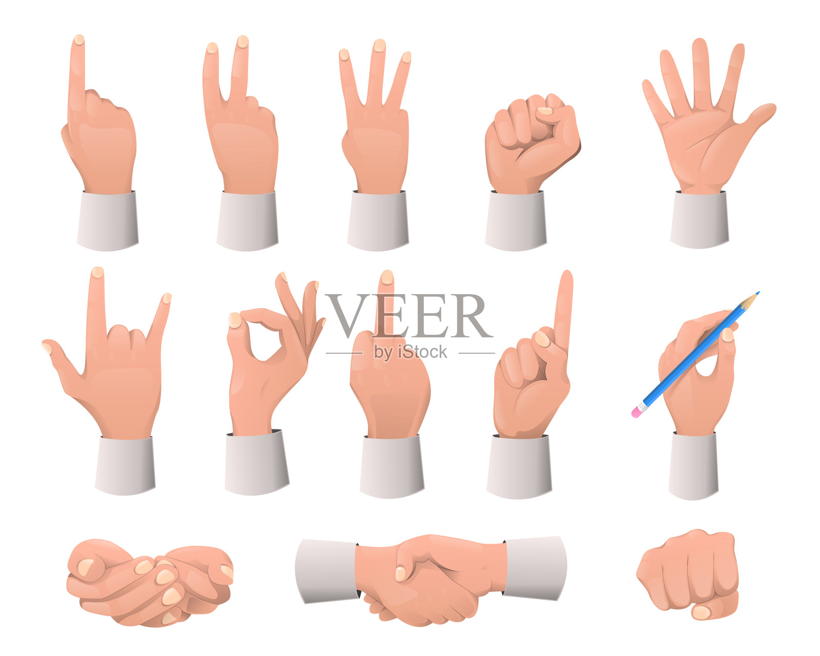 手势集合。各种手势:指向、注意、握拳、大拇指向上等。手势平面图标设置。矢量图图标素材