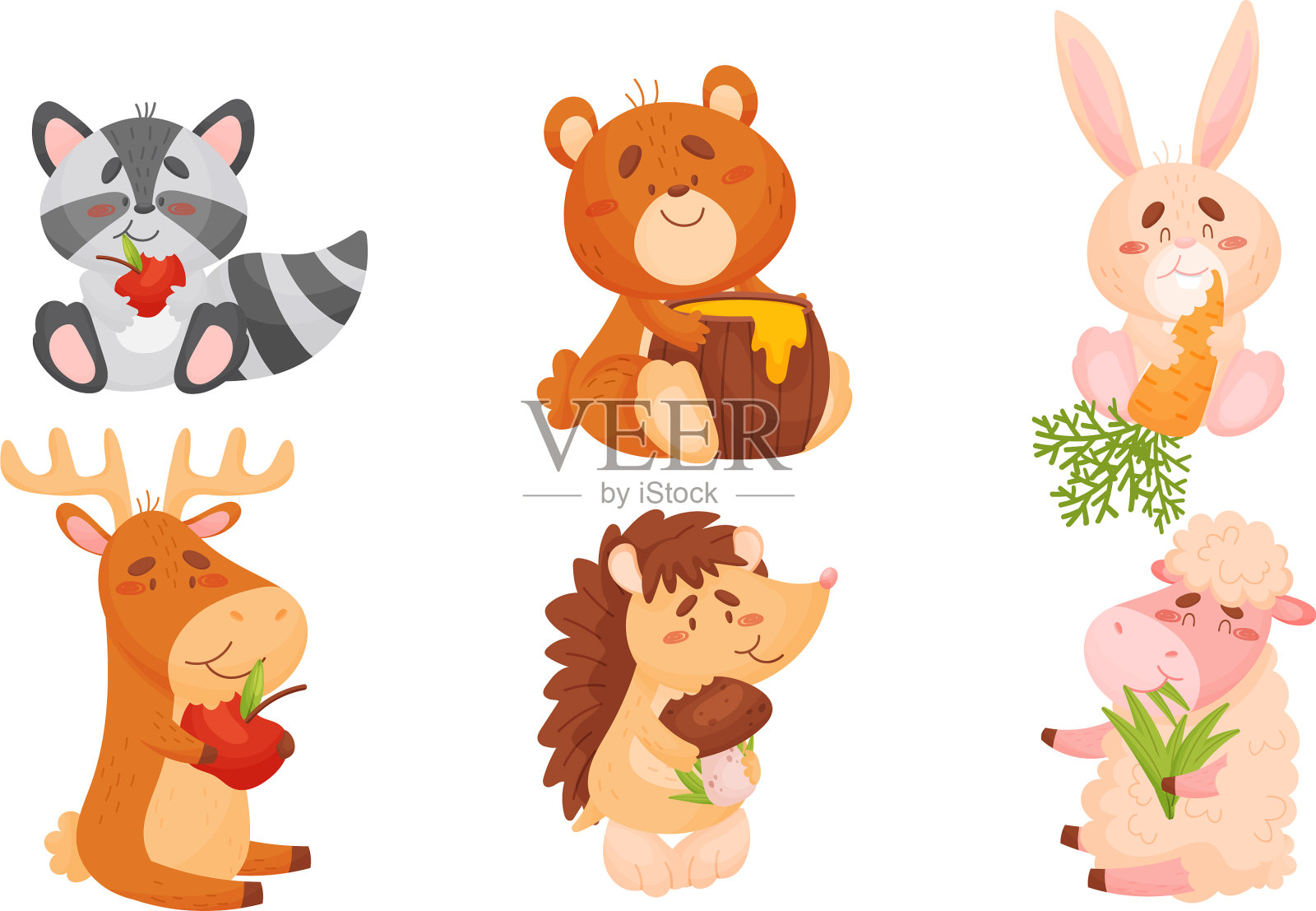 动物坐着吃水果和蔬菜插画图片素材