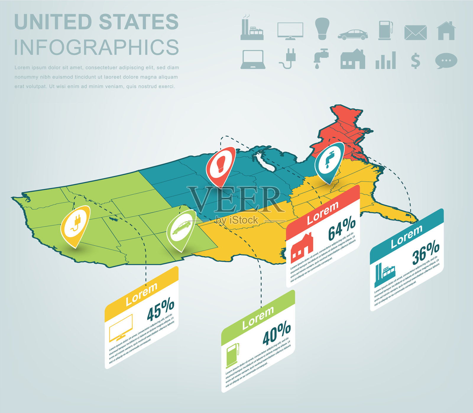 美国地图信息图模板三维等距插画图片素材