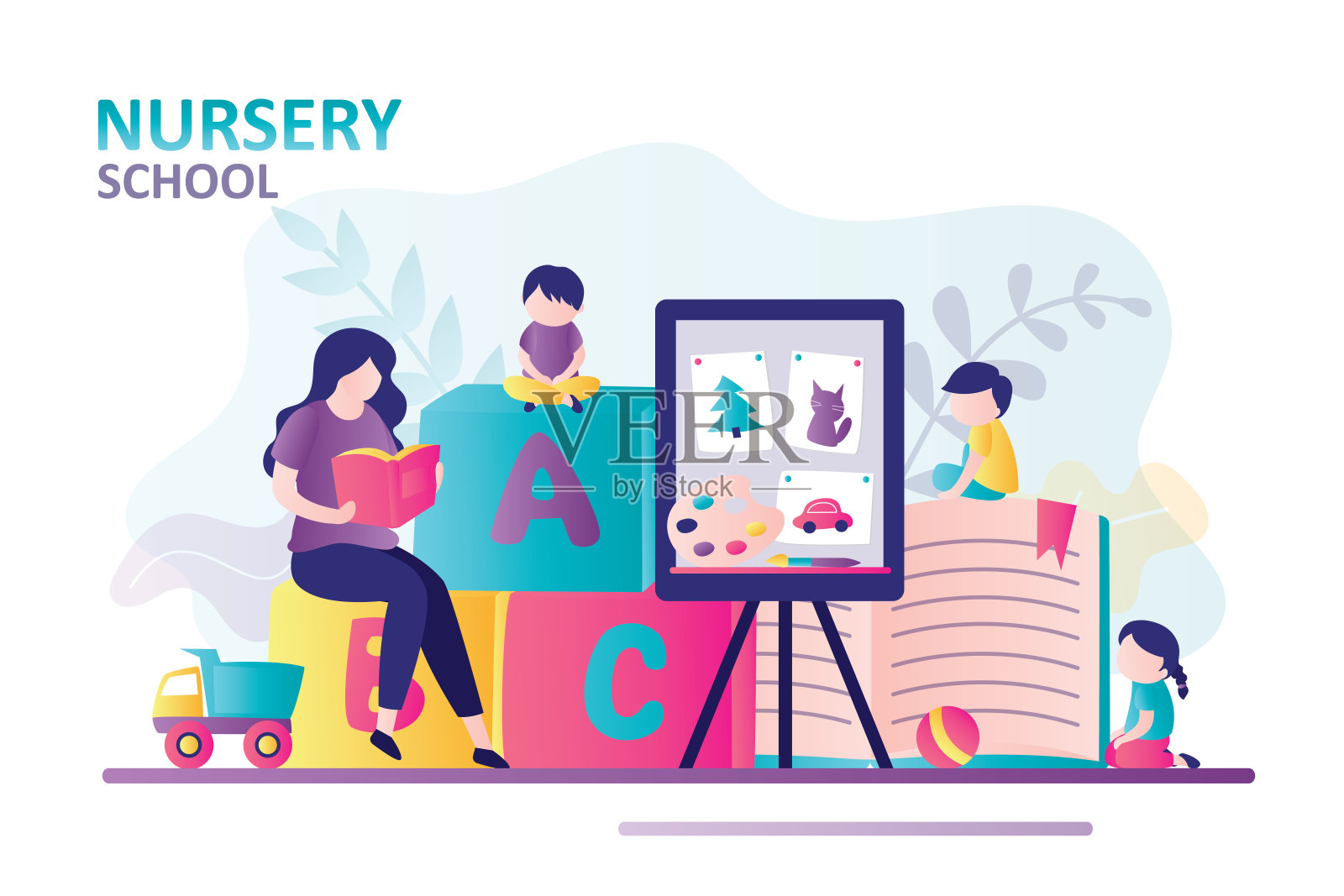 女教师在日托中心给小孩子读书。幼儿园学生听家教。幼儿园和学前教育的概念插画图片素材