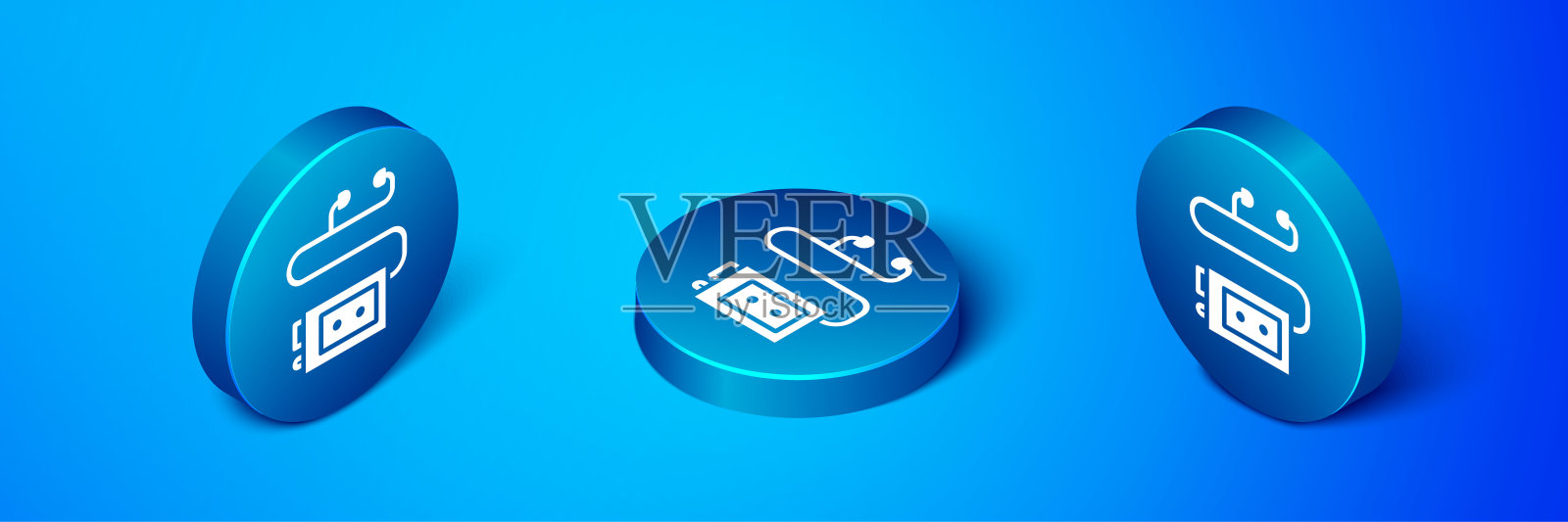 等距博物馆音频导游图标孤立在蓝色背景。旅行的耳机。蓝色圆按钮。向量图标素材