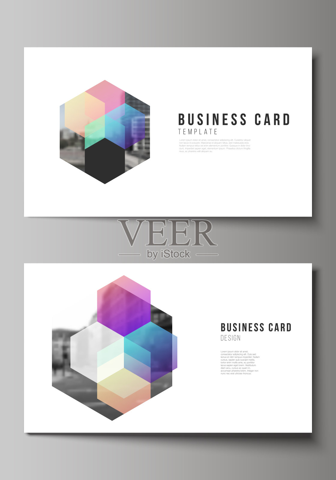 矢量布局的两个创意名片设计模板，矢量水平模板设计以彩色六边形，几何形状为技术背景。设计模板素材