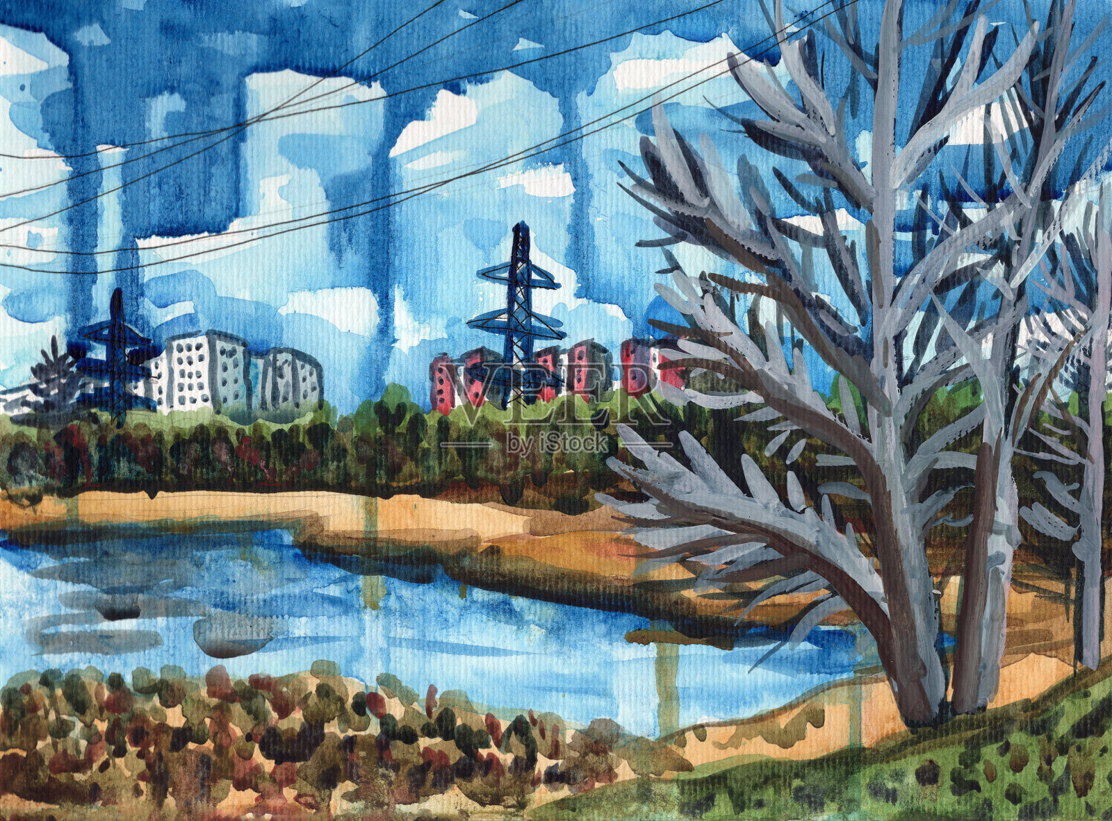 手绘城市草图。水彩画春天或夏天的城市景观。树没有叶子。大城市。小镇。街和户外活动。湖泊或池塘。蓝天碧水。公园和花园。明信片及海报插画图片素材