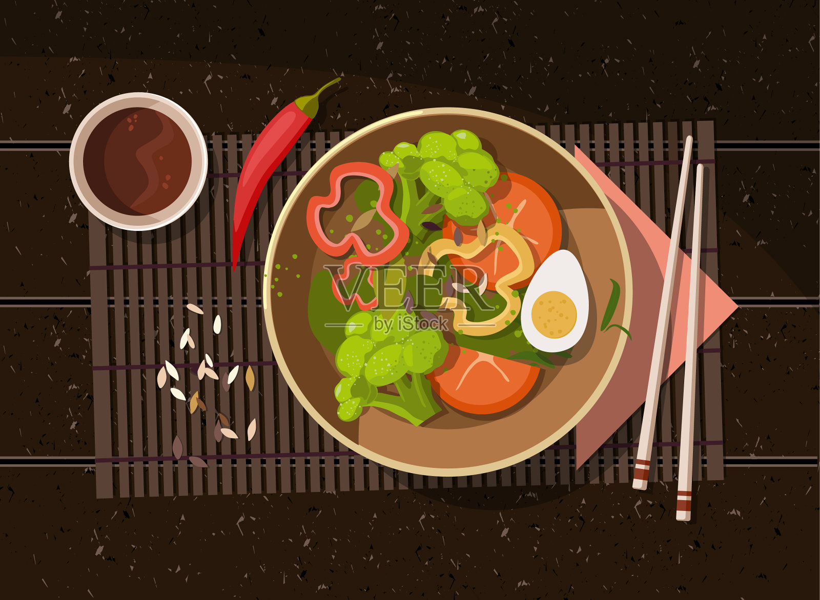 新鲜的西红柿、鸡蛋和花椰菜沙拉插画图片素材