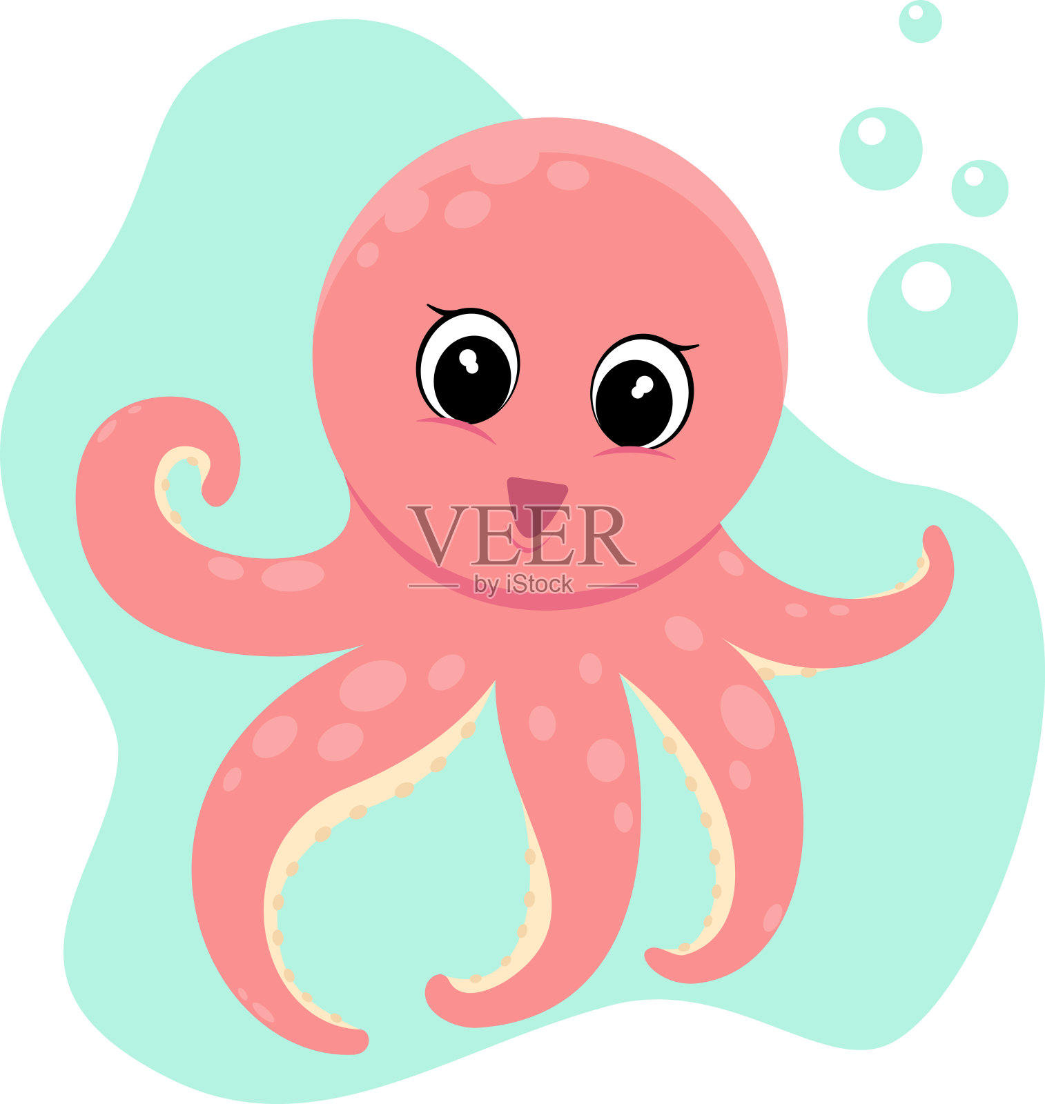 可爱的粉红色章鱼在蓝色的背景，矢量平面插图。海洋水下动物。插画图片素材