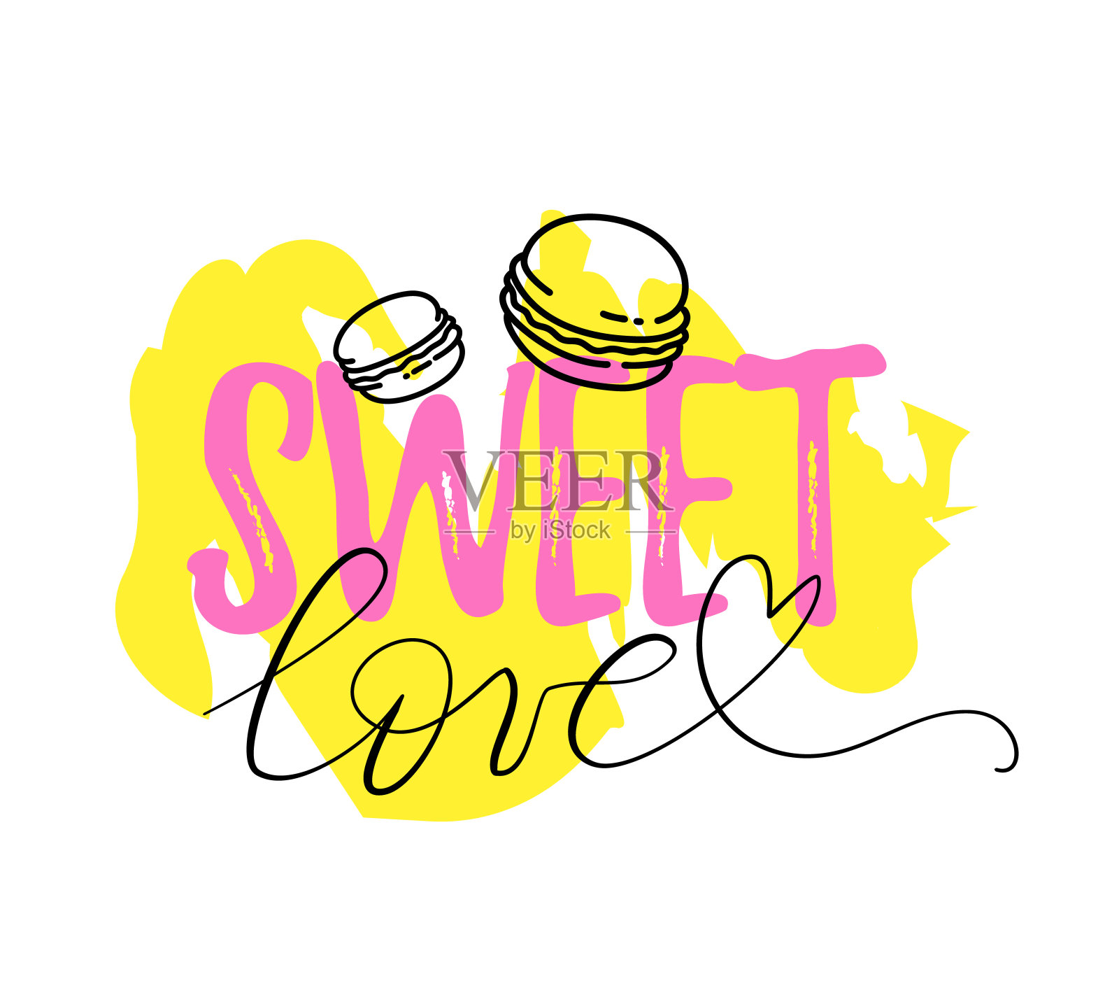 矢量可爱的插图与字体甜爱，心和线艺术风格的马卡龙黄色和白色的背景。插画图片素材