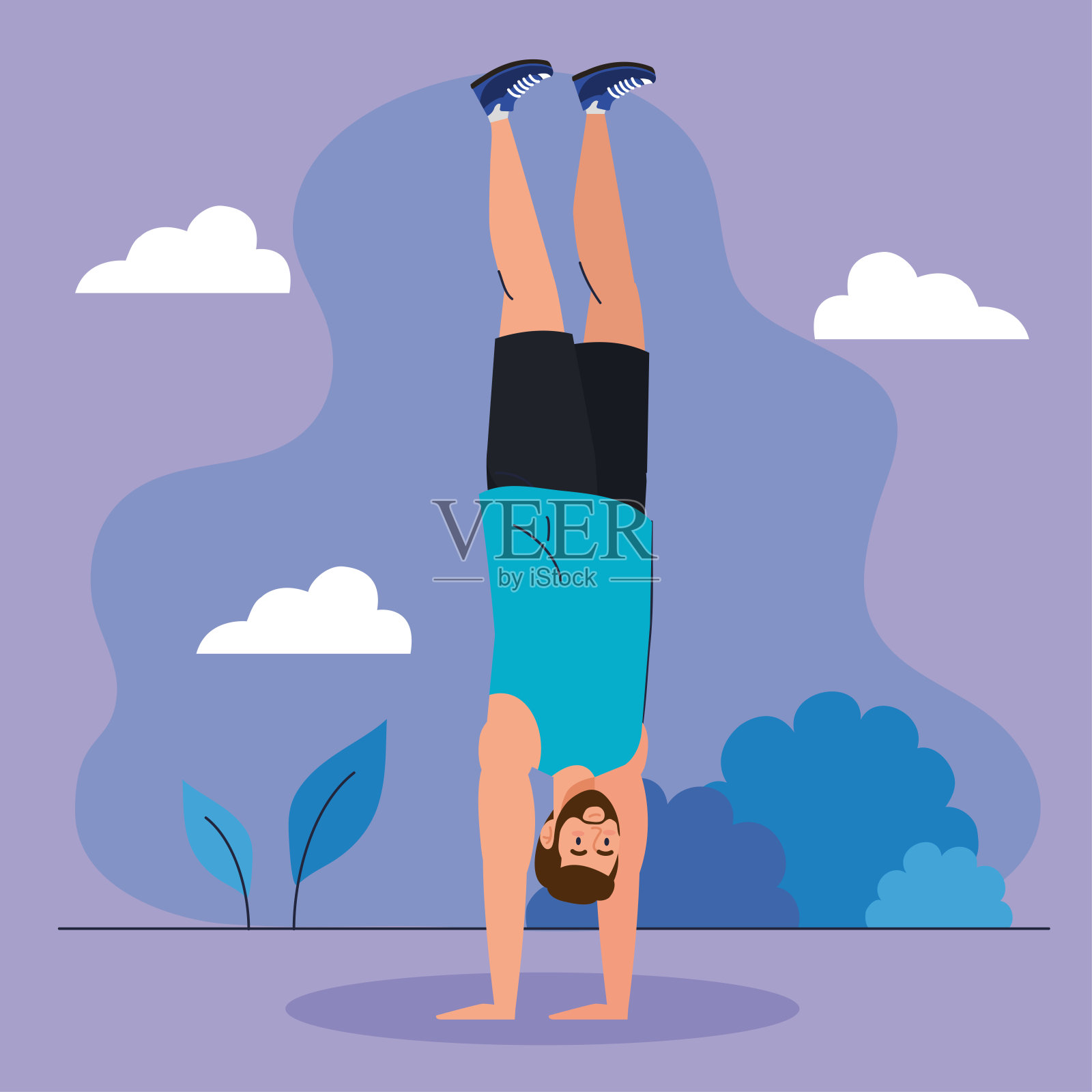 户外男子倒立，运动娱乐锻炼插画图片素材