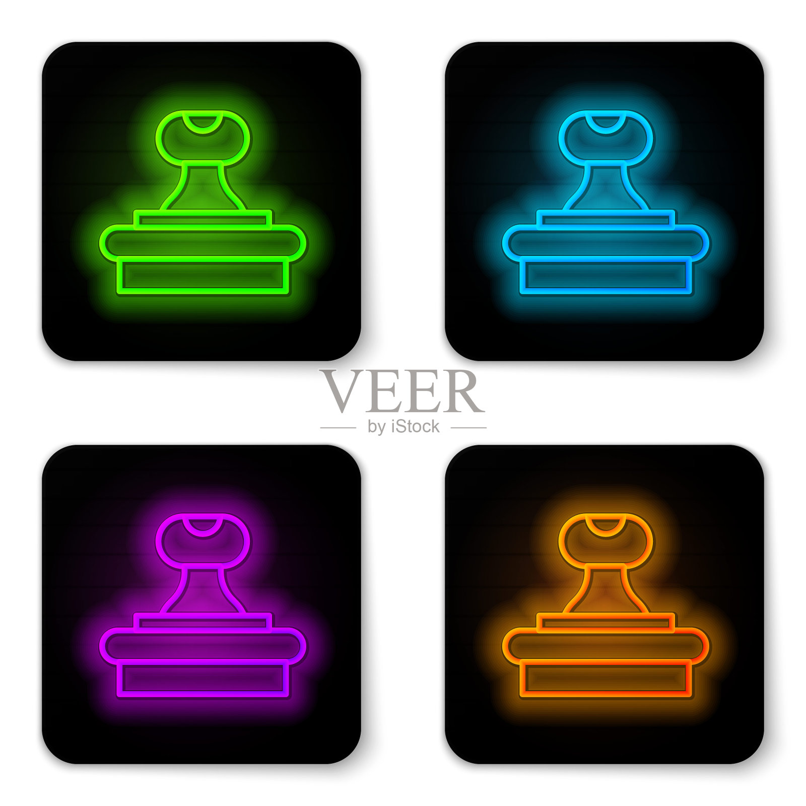 发光的霓虹灯线邮票图标孤立的白色背景。黑色方形按钮。向量图标素材