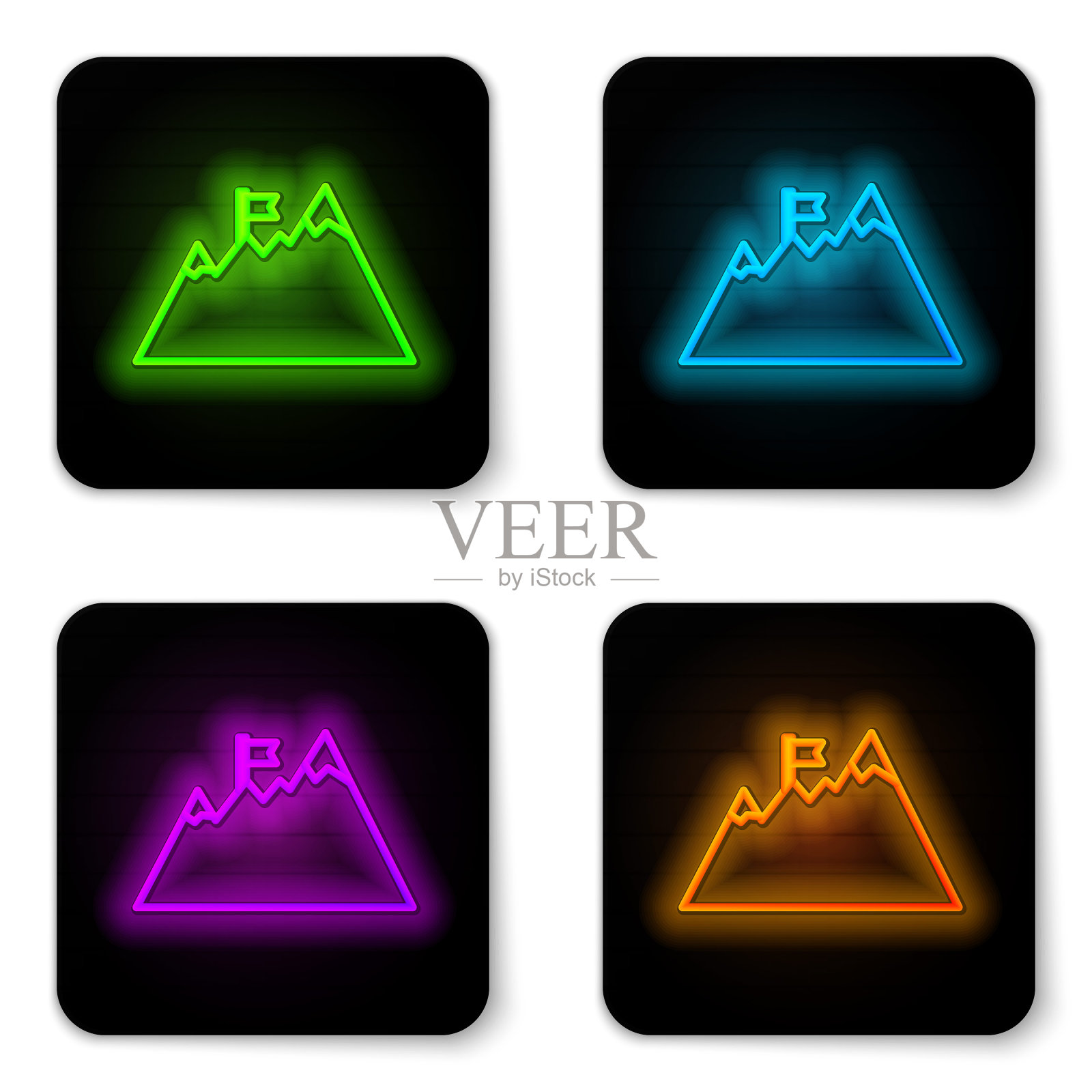 发光的霓虹灯线山与旗帜在顶部图标孤立的白色背景。象征胜利或成功的概念。目标的成就。黑色方形按钮。向量图标素材