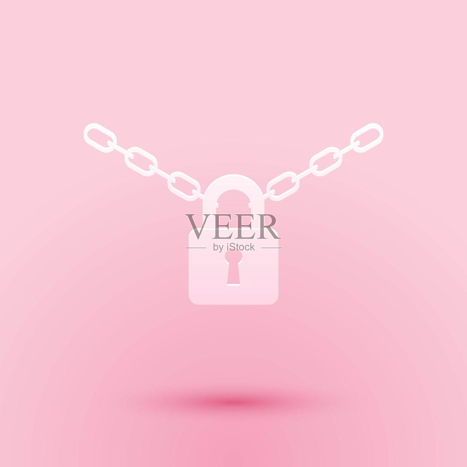 剪纸金属链和锁图标隔离在粉红色的背景。挂锁和钢链。纸艺术风格。向量插画图片素材