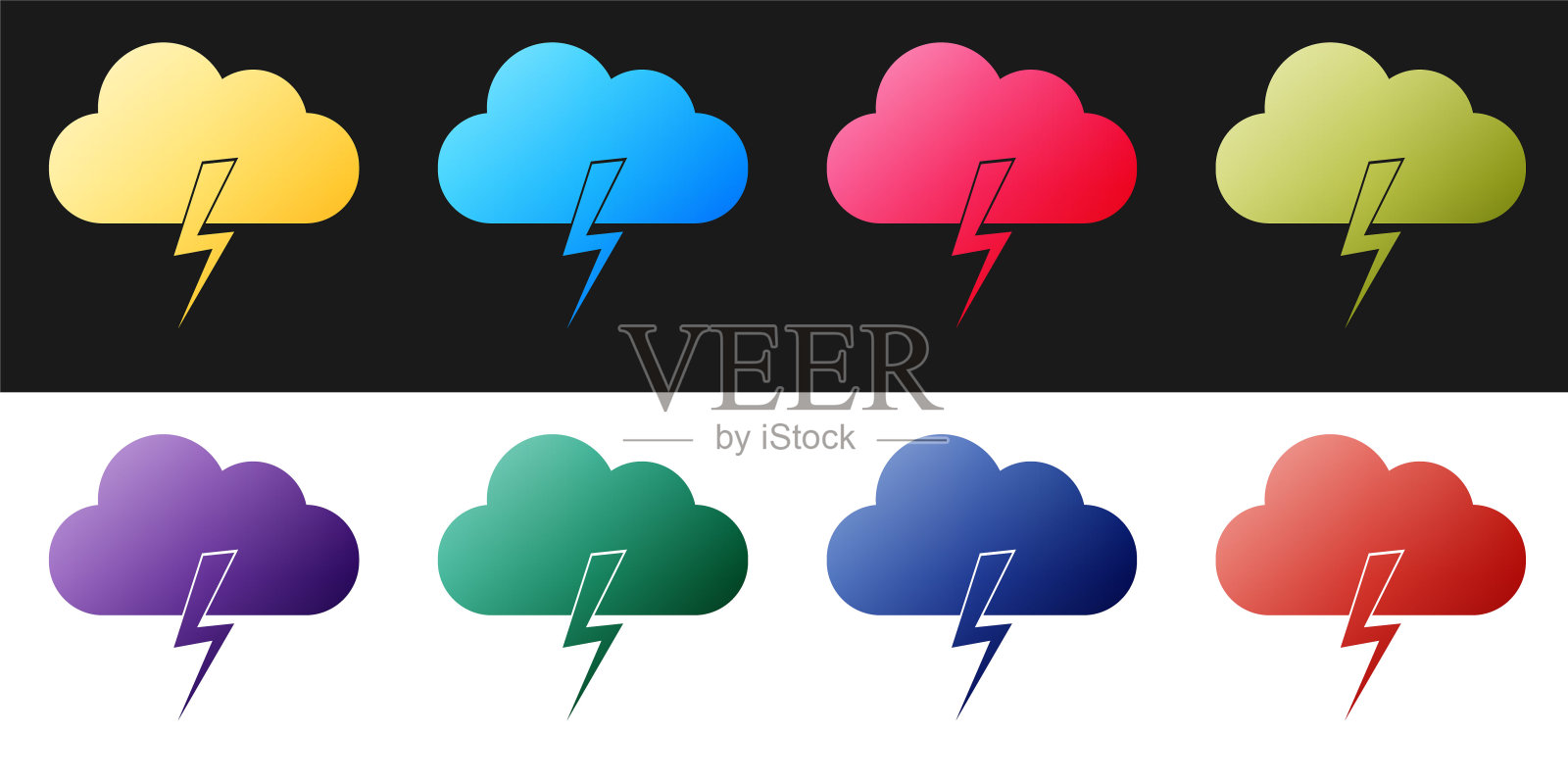 设置风暴图标隔离在黑色和白色的背景。云和闪电的标志。风暴的天气图标。向量插画图片素材