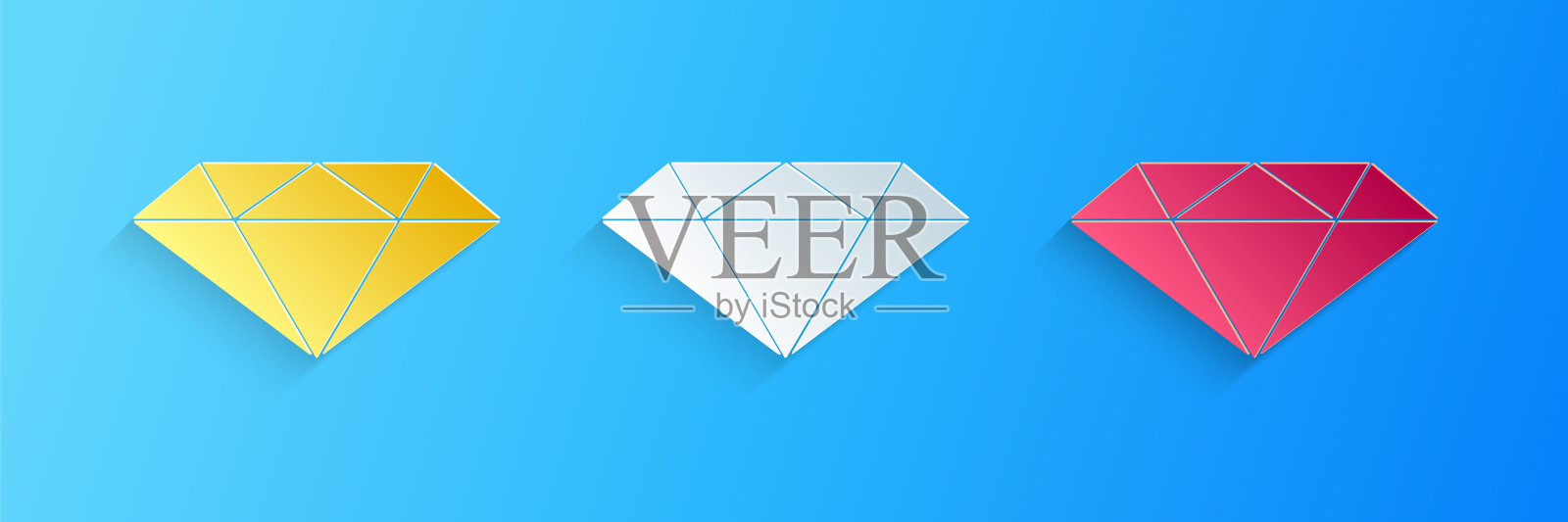 剪纸钻石图标孤立在蓝色背景。首饰的象征。宝石石头。纸艺术风格。向量插画图片素材