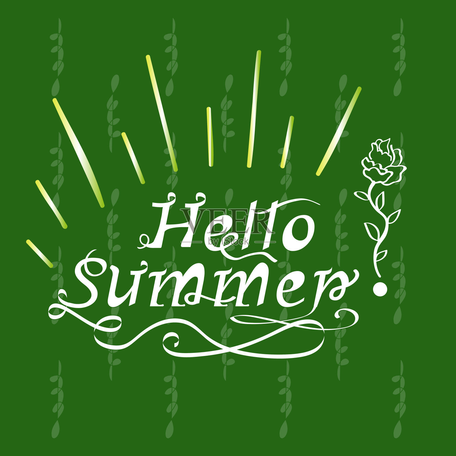 手铭文字母你好夏天在绿色背景与光线的太阳矢量插图插画图片素材