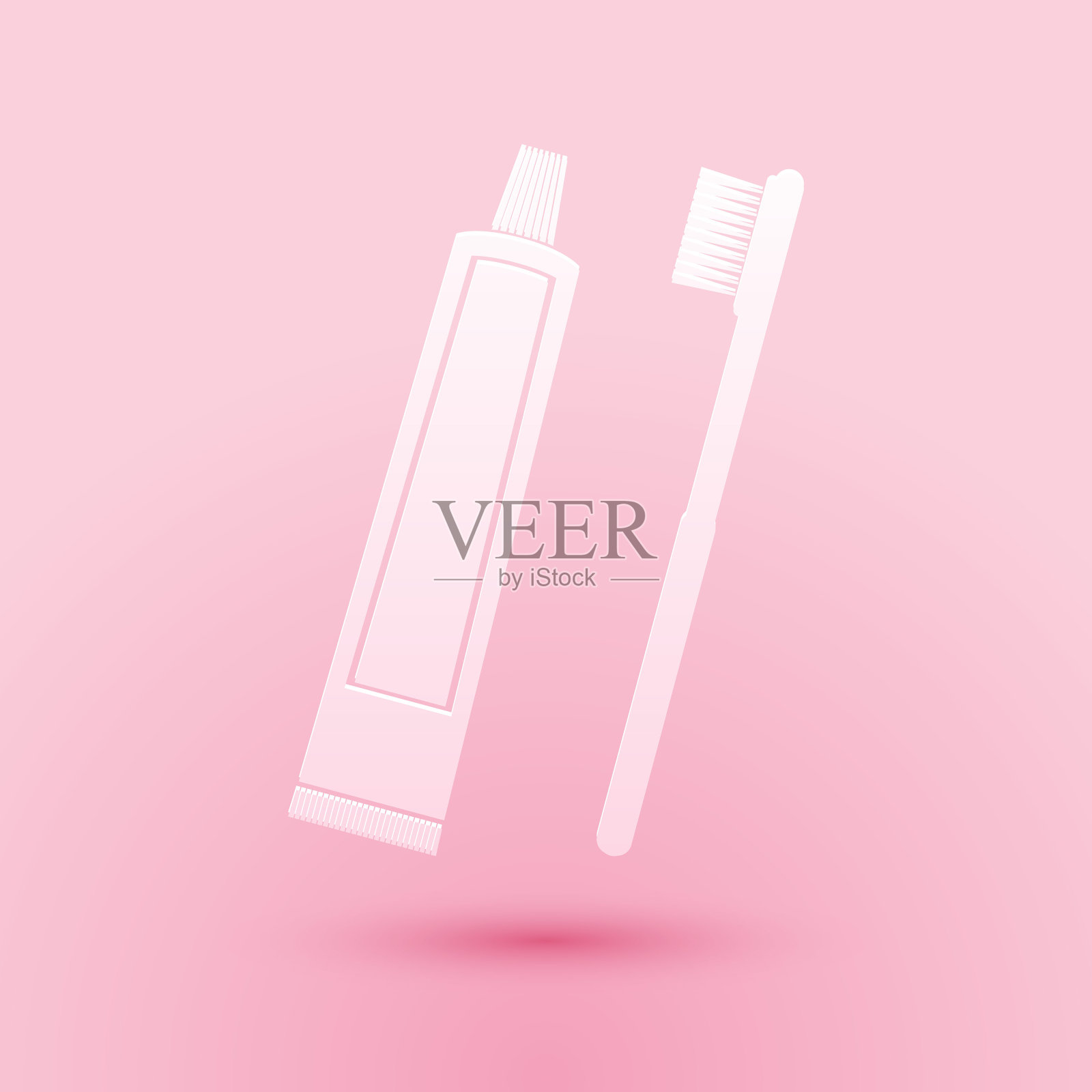 剪纸牙膏和牙刷管图标隔离在粉红色的背景。纸艺术风格。向量插画图片素材