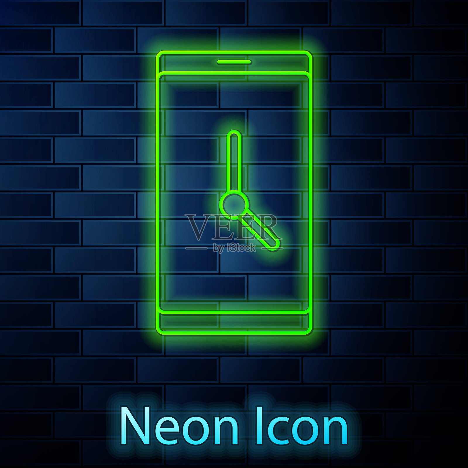 发光的霓虹灯线闹钟应用程序智能手机界面图标隔离在砖墙的背景。向量插画图片素材